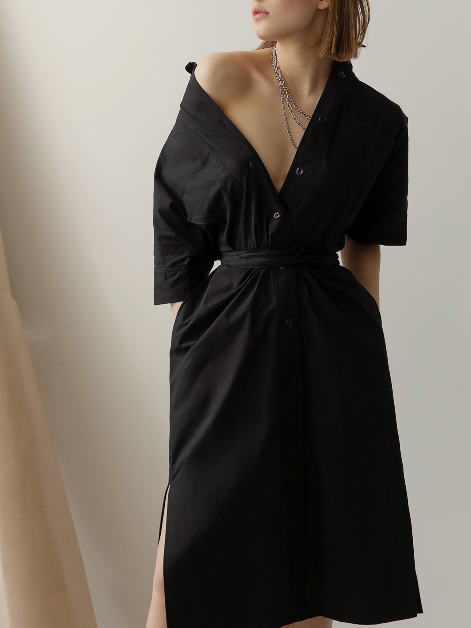 Belted cotton shirt dress :: LICHI - Online fashion store