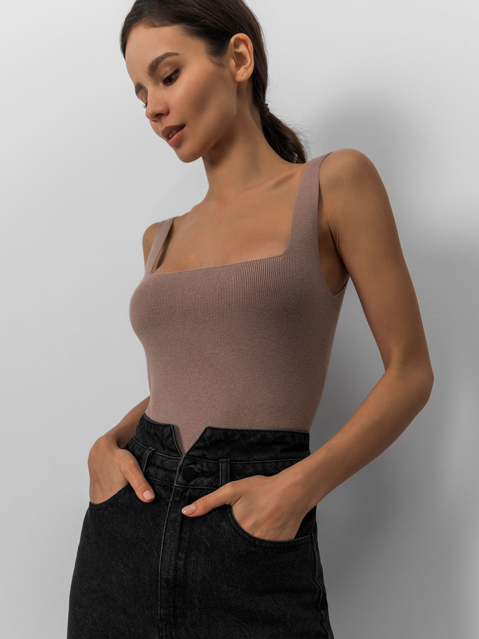 fitted square neck rib knit top