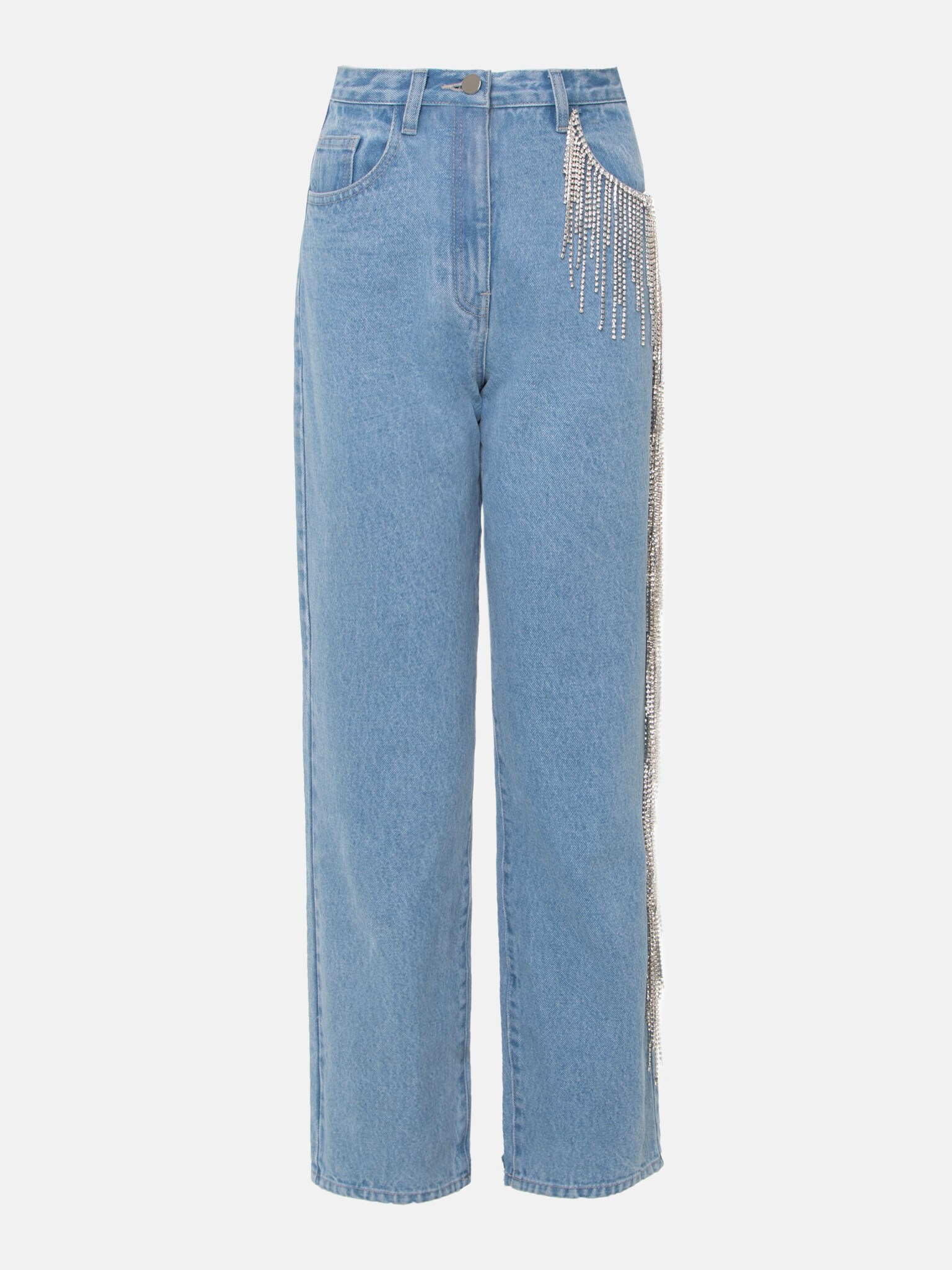 Straight-leg jeans with rhinestone fringe