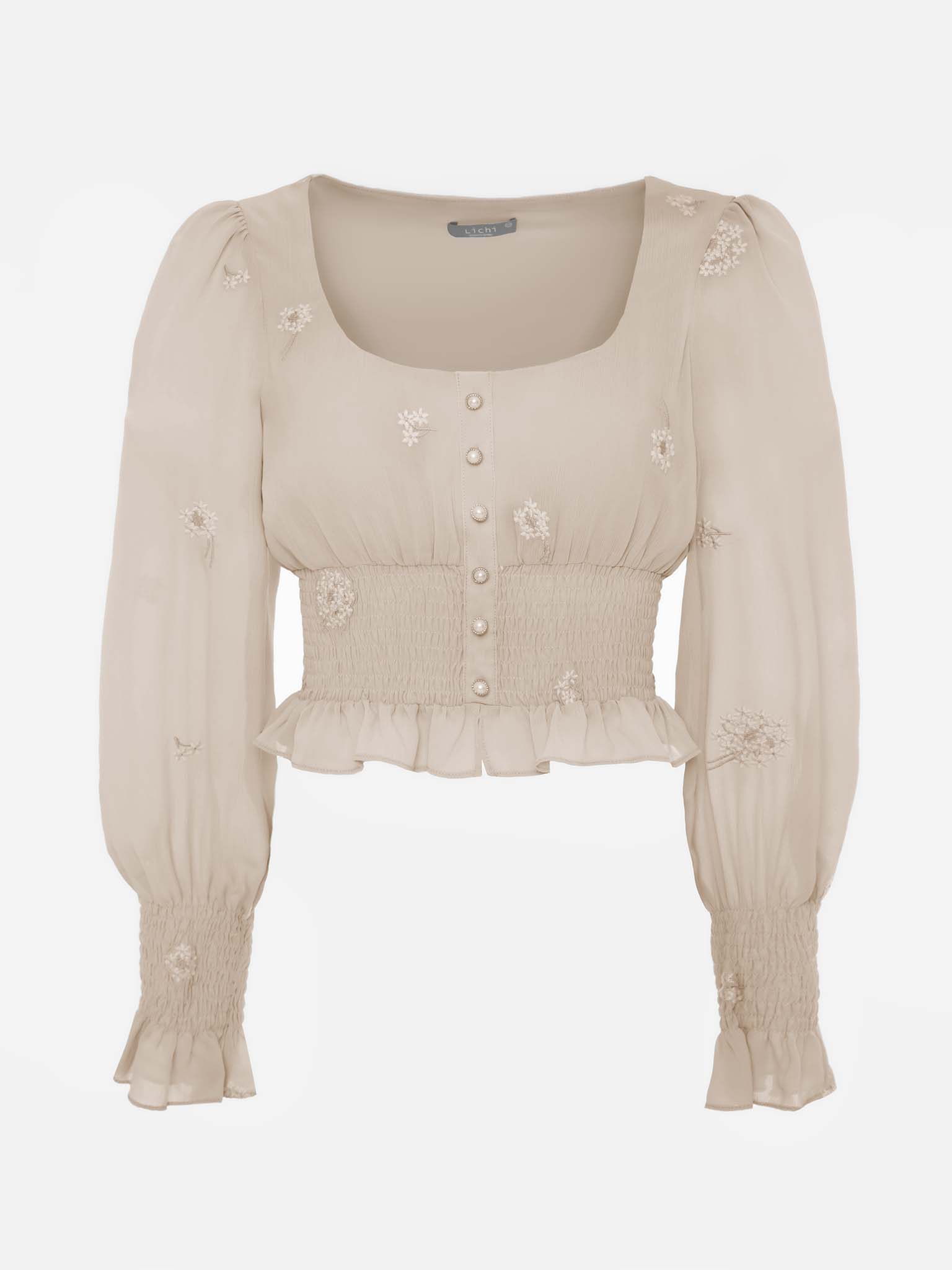 LICHI - Online fashion store :: Puff sleeve cropped shirred blouse