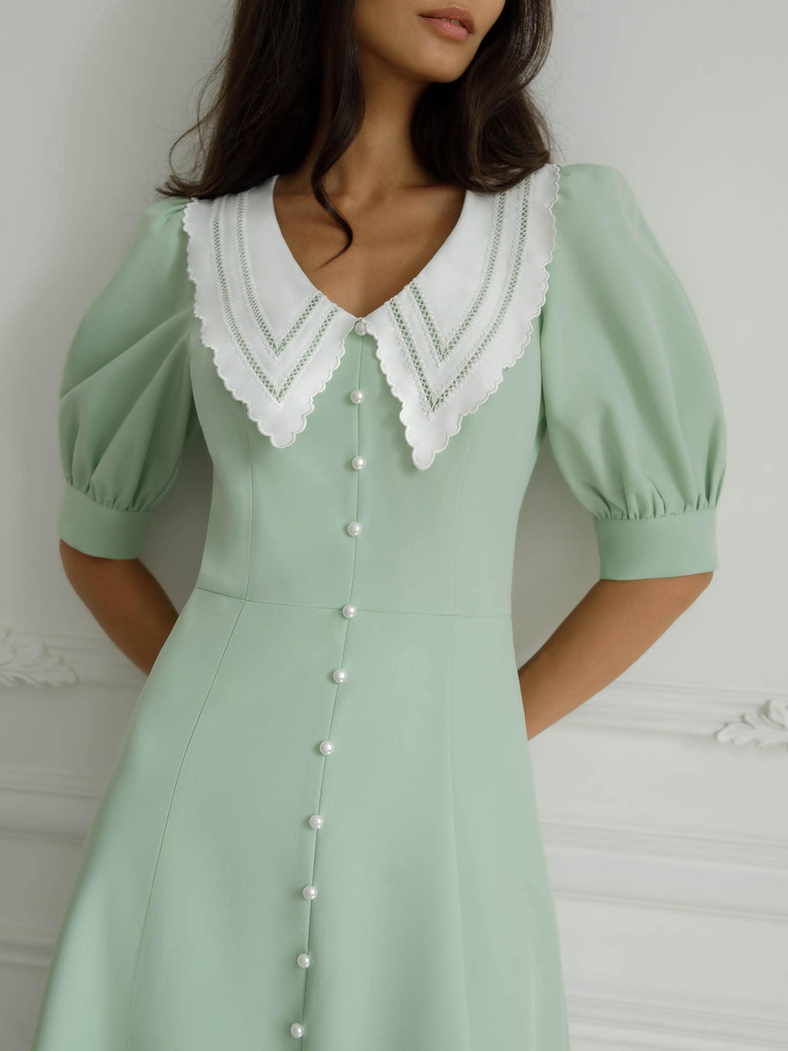 Embroidered-collar midi dress