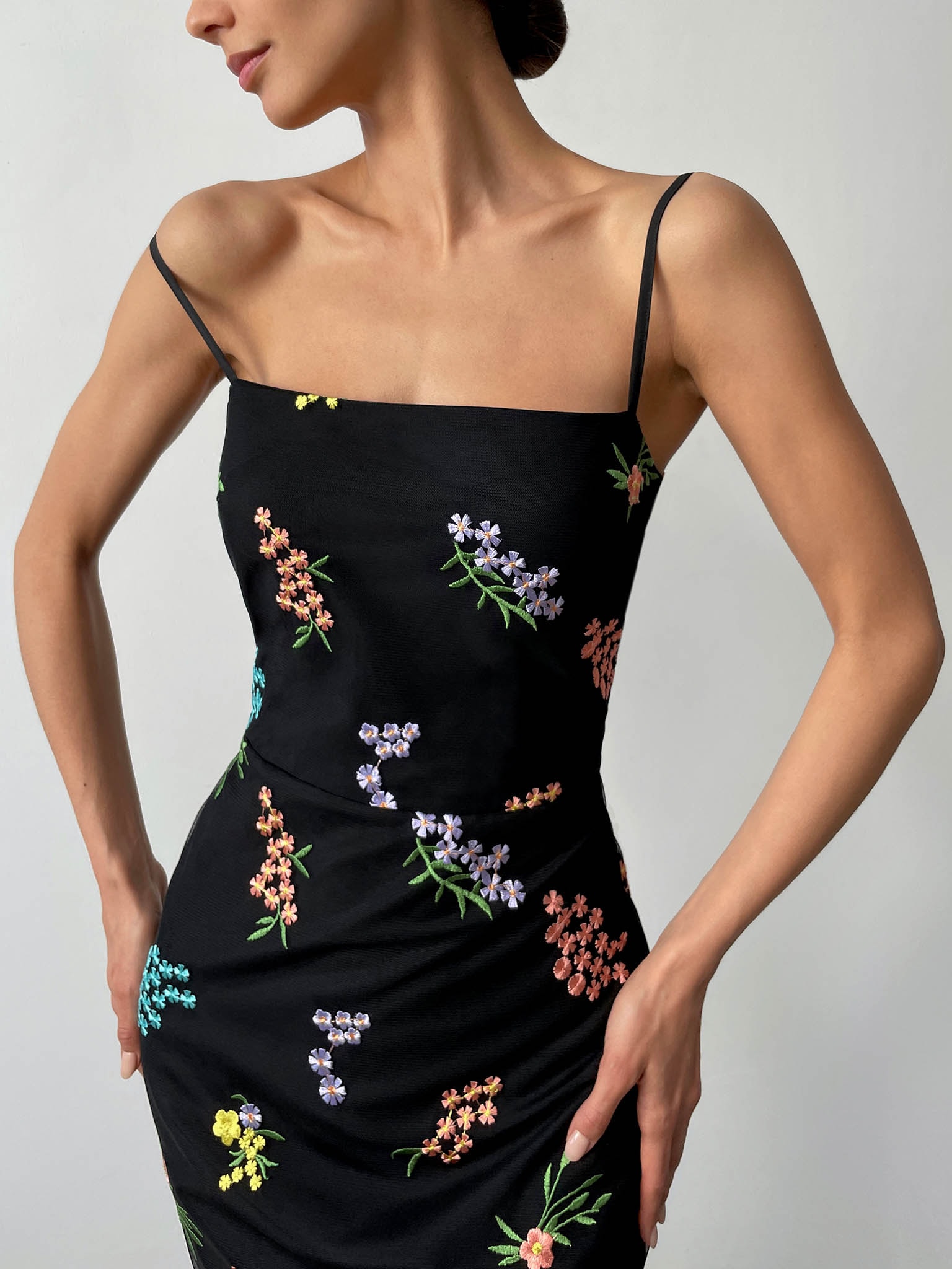 Floral-embroidered tulle midi dress