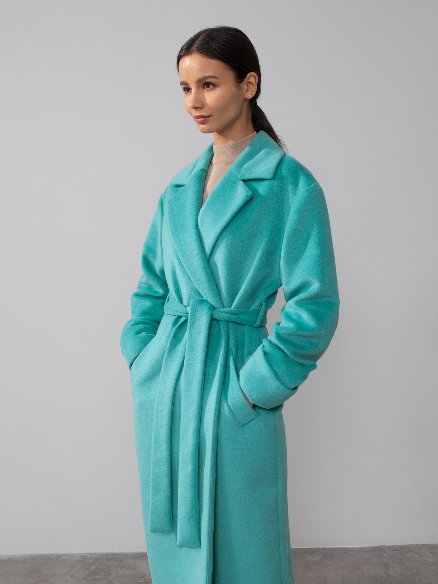 teal belted wrap coat