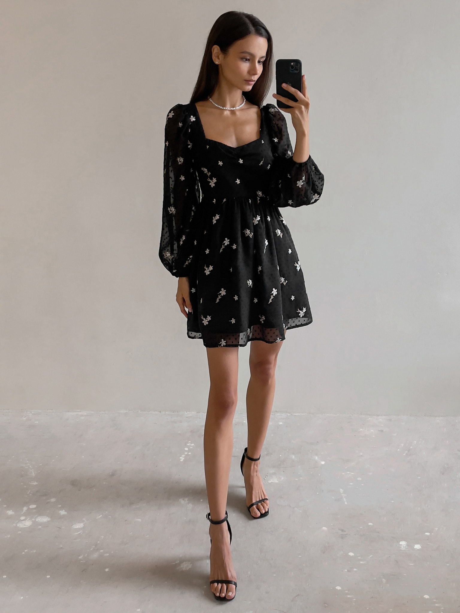 Floral-embroidered puff-sleeve mini dress