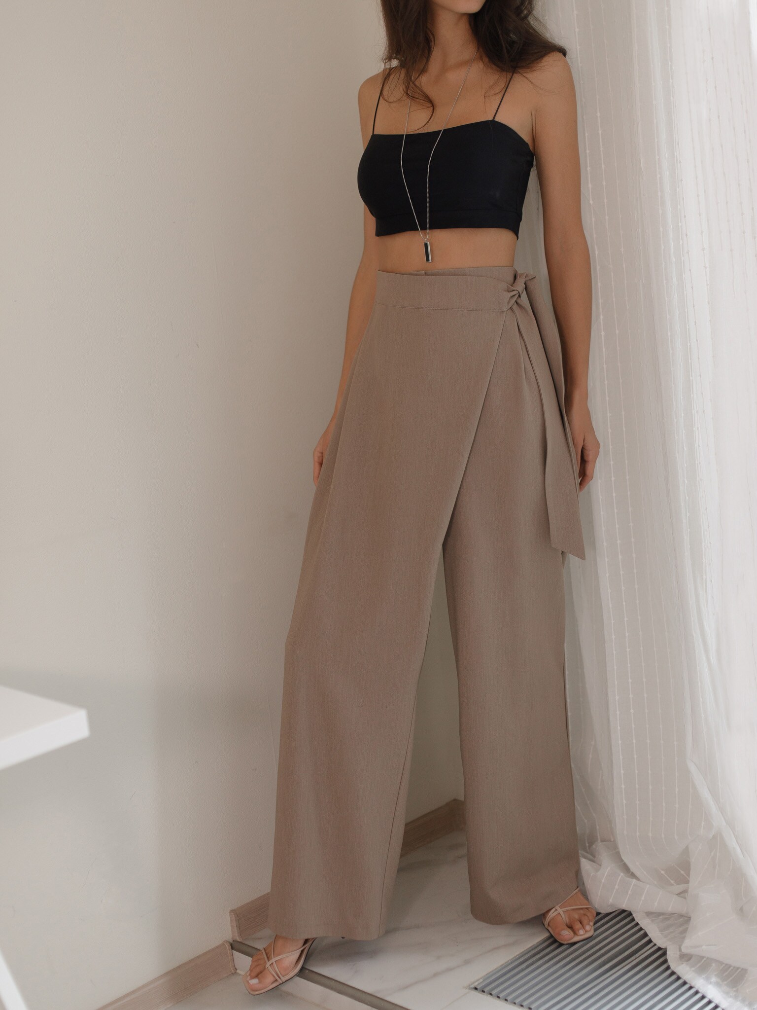 Wrap effect tie-detailed wide-leg pants :: LICHI - Online fashion