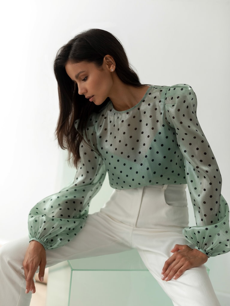 Feminine Organza Polka-Dot Blouse - M