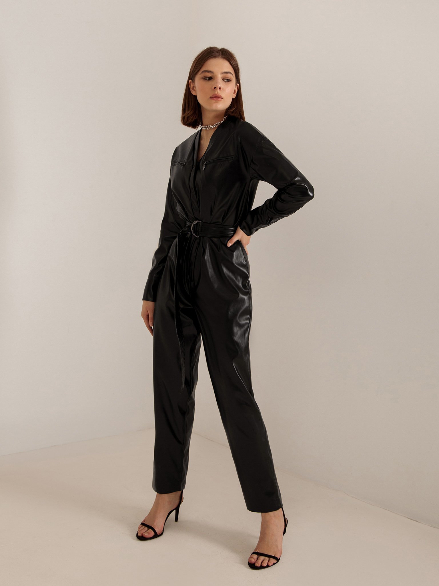 LICHI - Online fashion store :: Belted vegan-leather jumpsuit