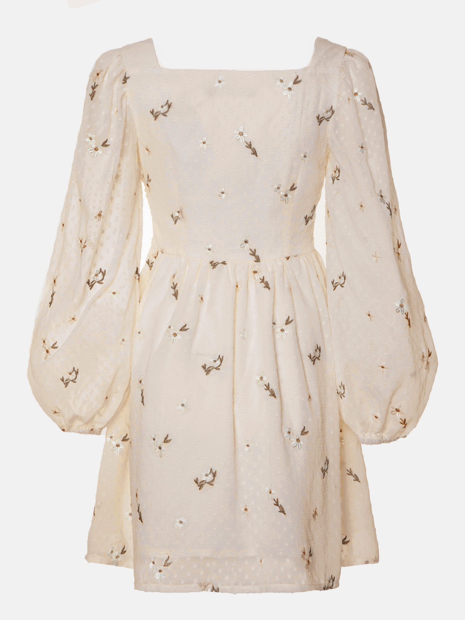 Floral-embroidered puff-sleeve mini dress