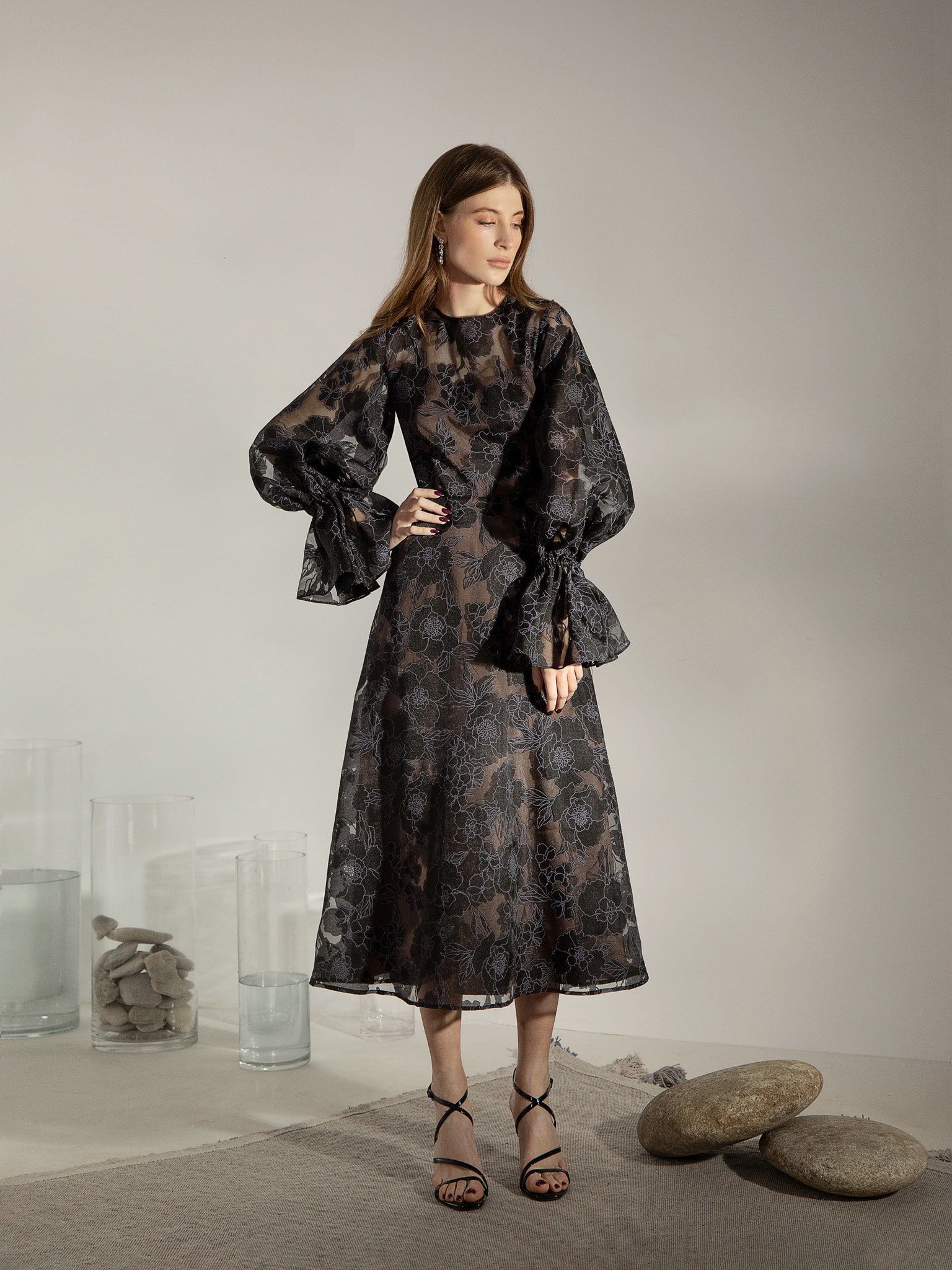 LICHI - Online fashion store :: Puff sleeves sheer tulle midi dress