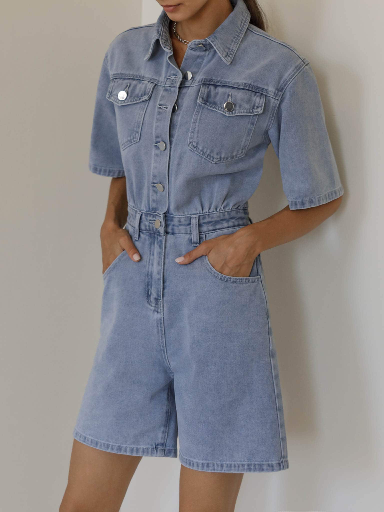 LICHI - Online fashion store :: Sleek-button denim jumpsuit
