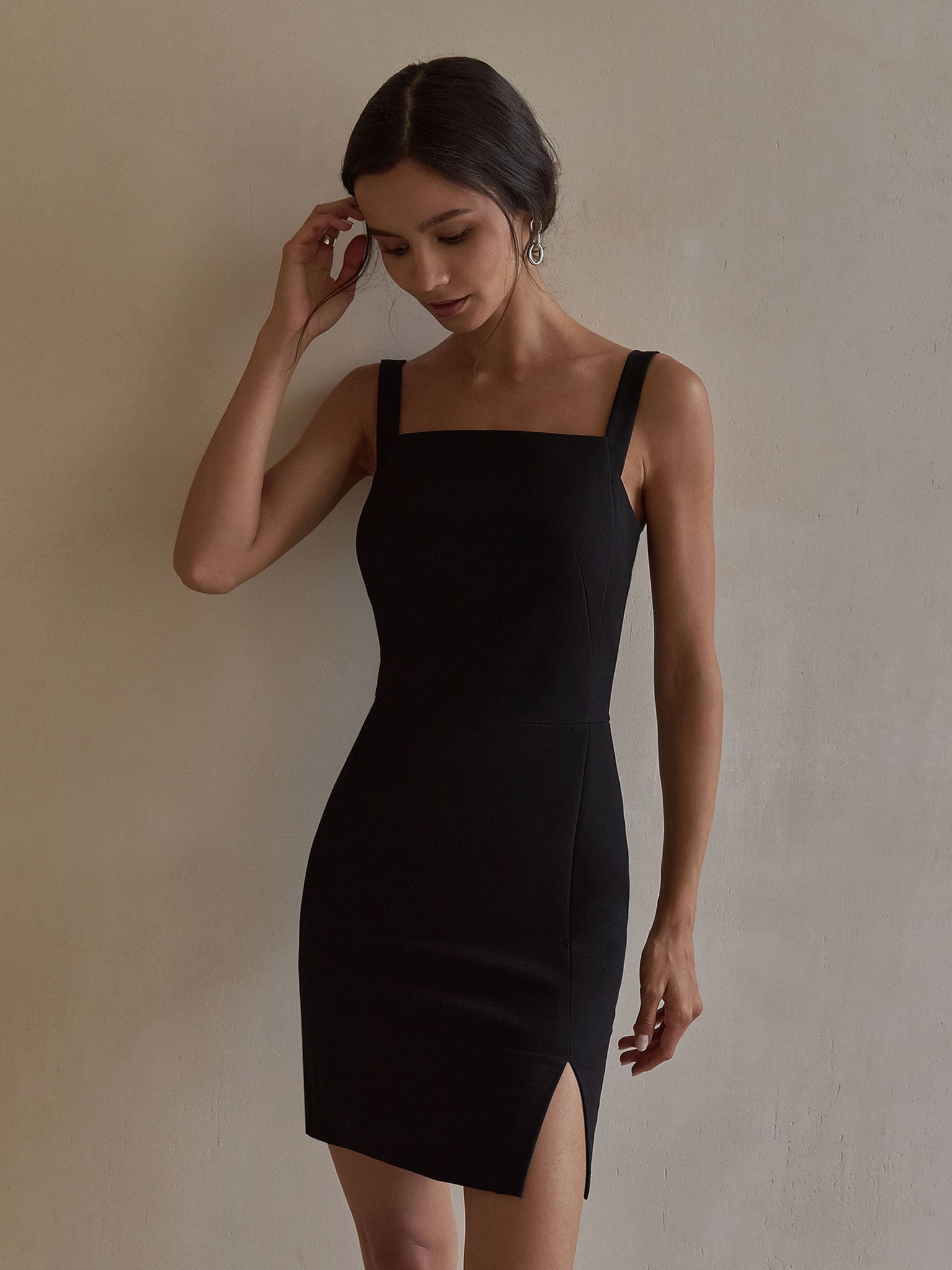 Wide-strap square-neck mini dress