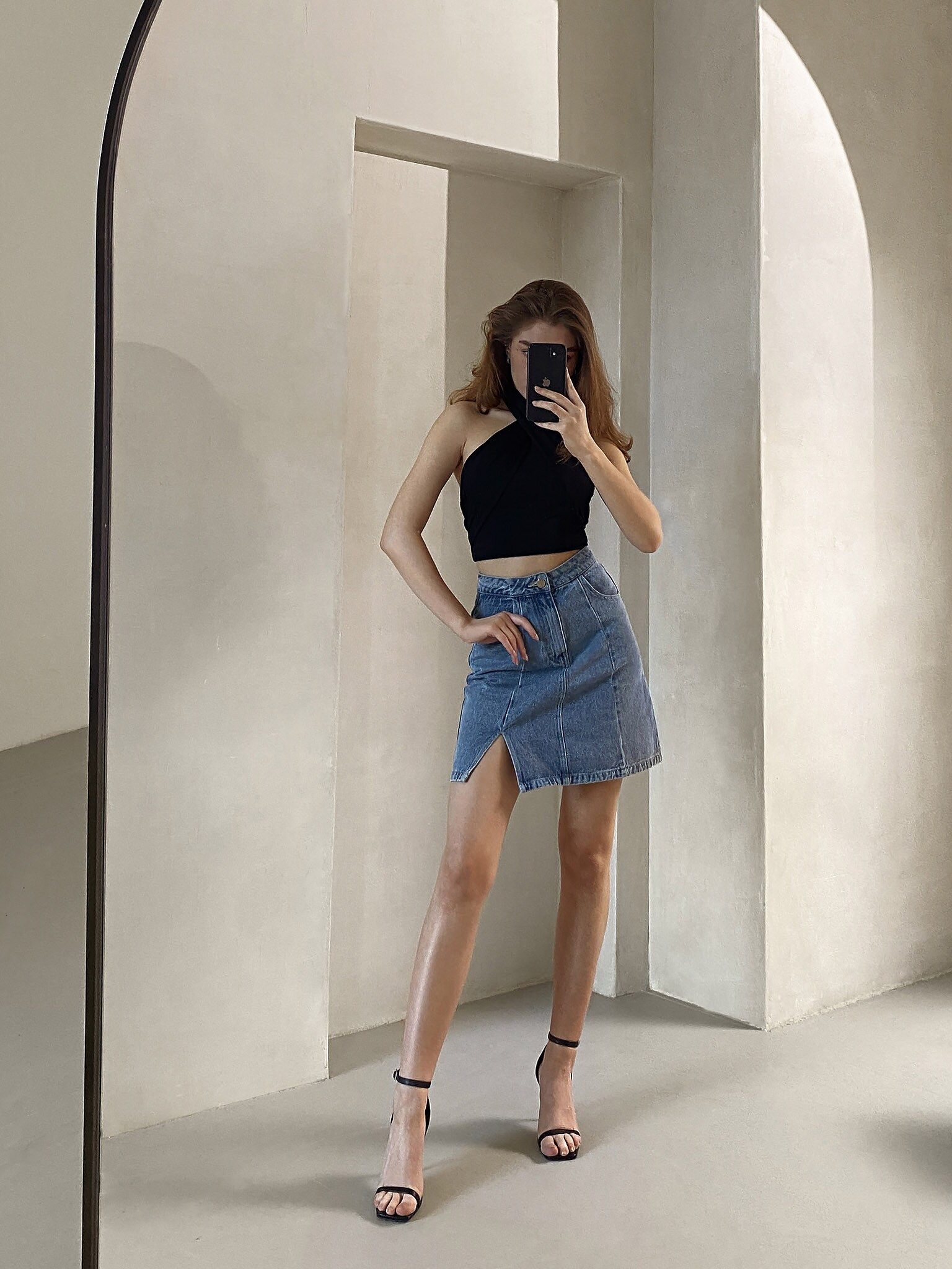 Slit-detailed denim mini skirt