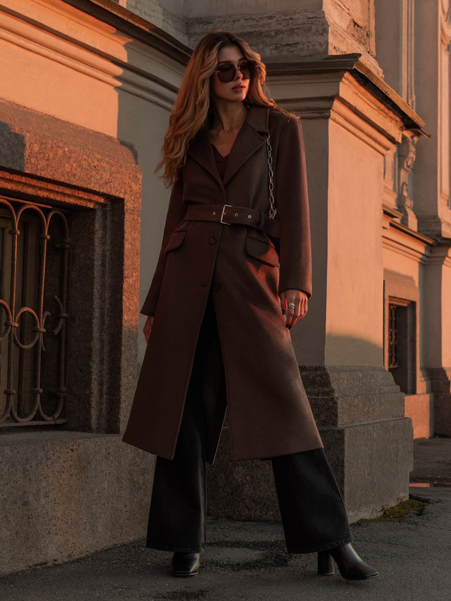 Belted single-breasted wool-blend coat