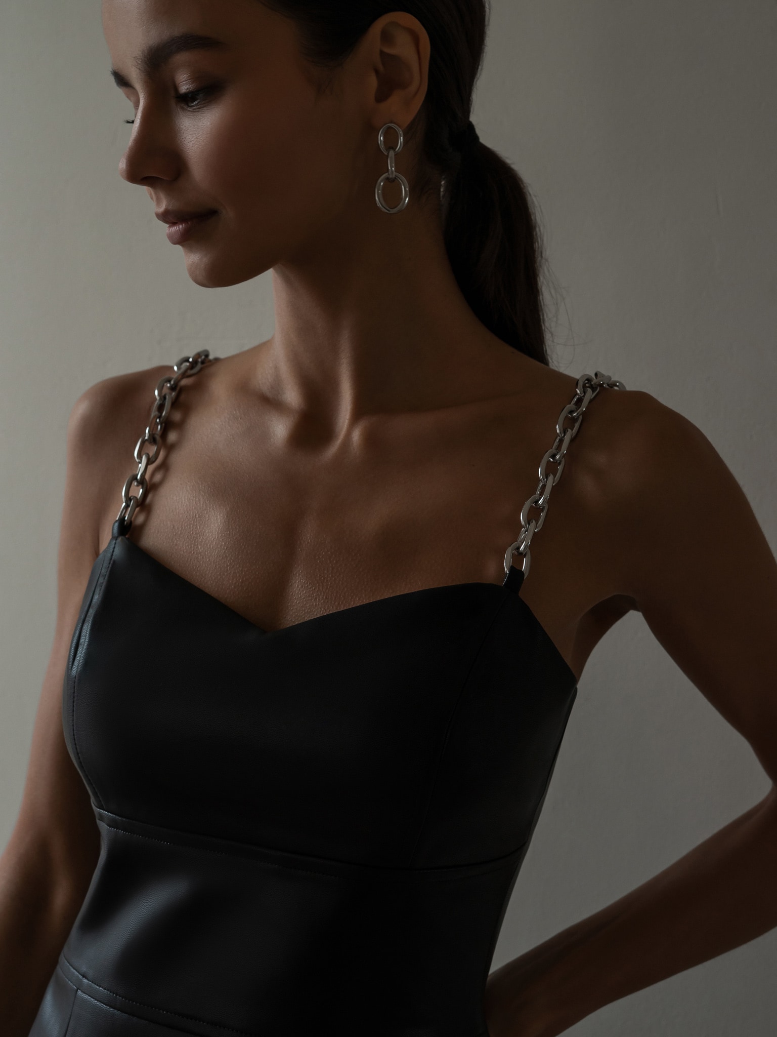 Chain-embellished vegan-leather midi dress