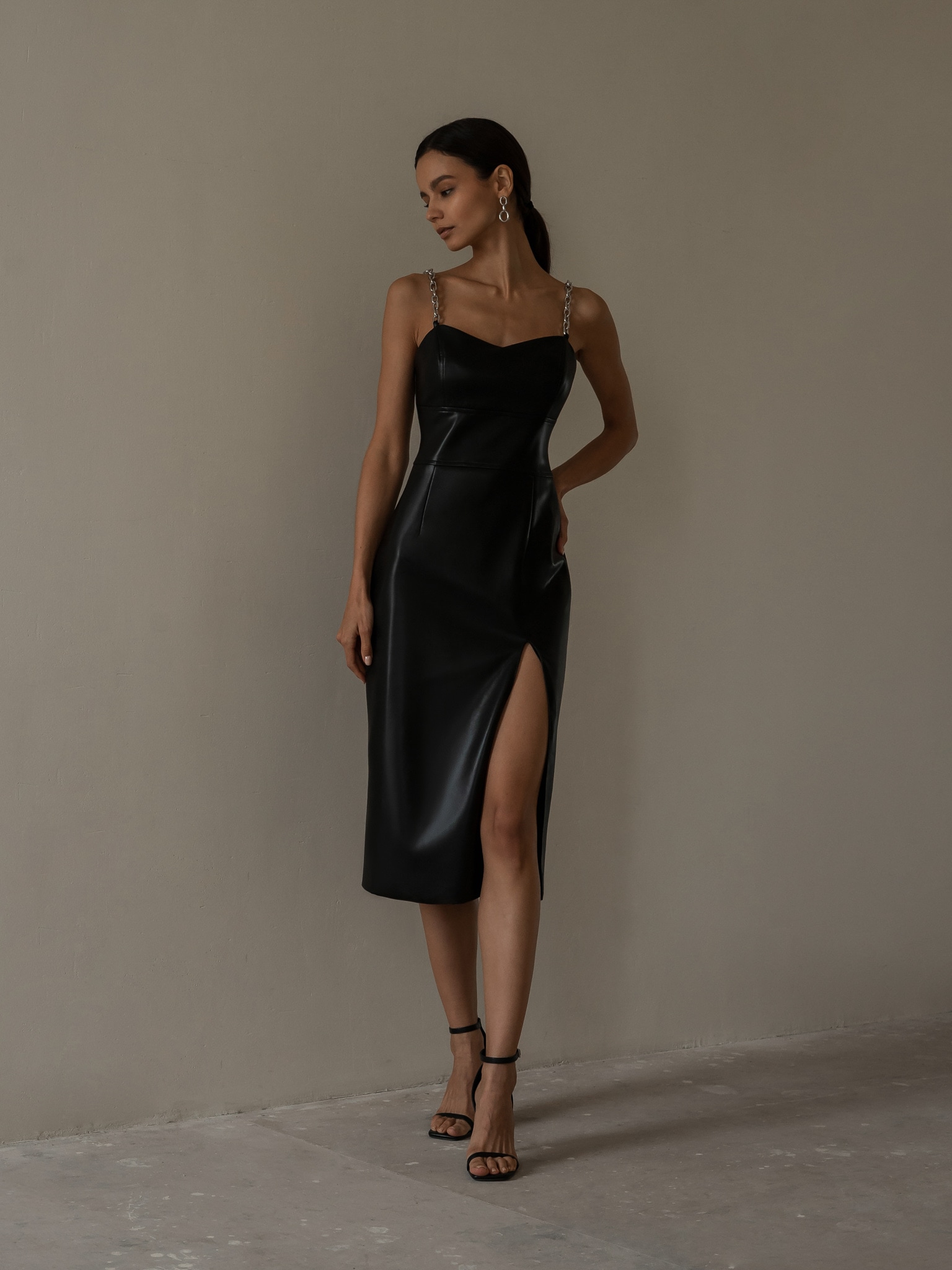 Chain-embellished vegan-leather midi dress