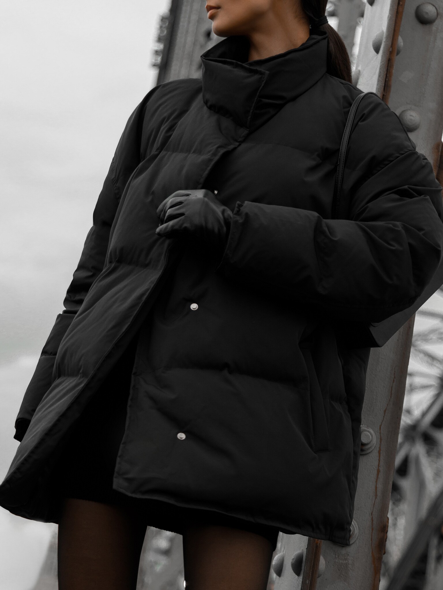 Oversized snap-button puffer coat