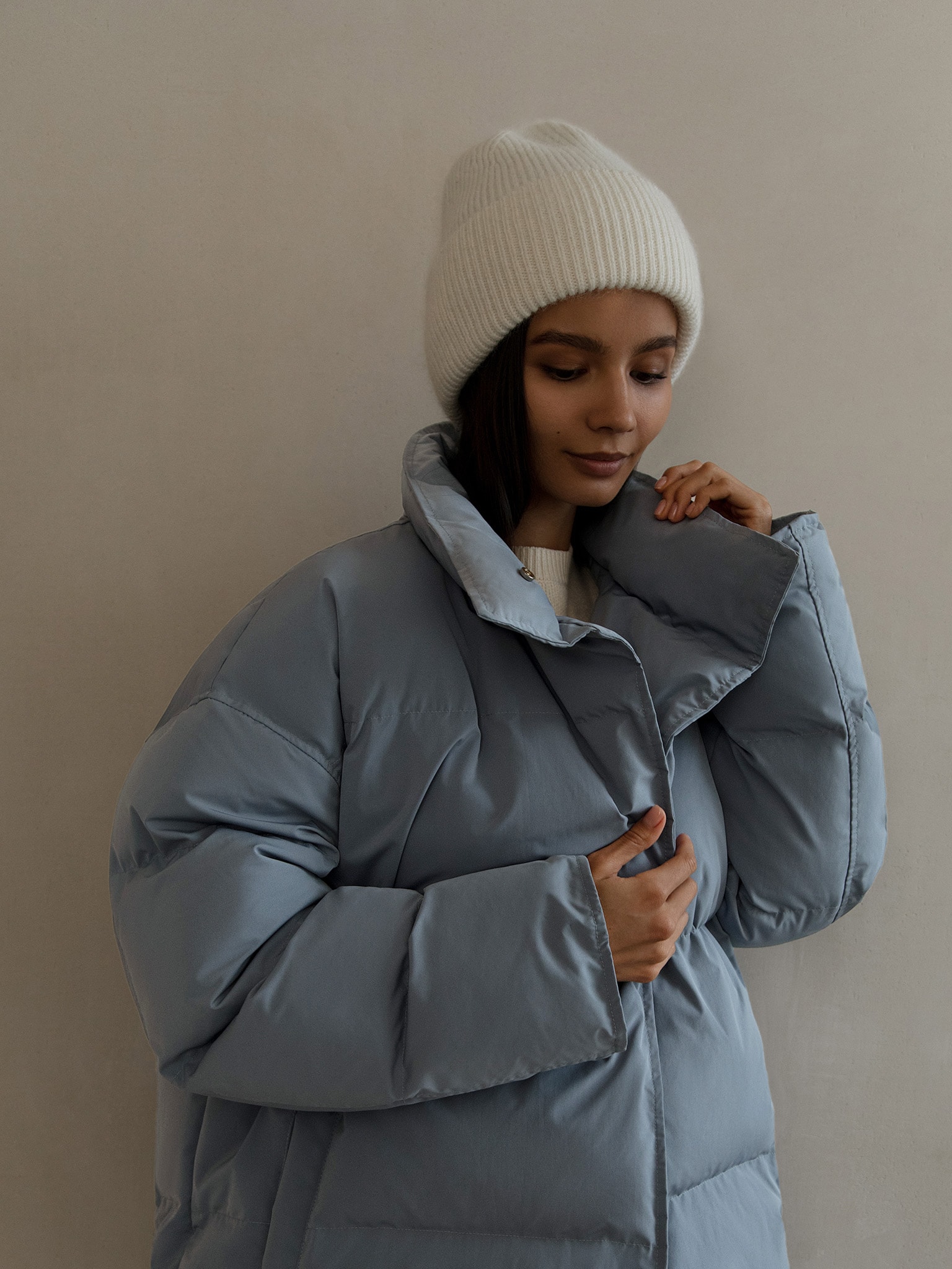 Oversized snap-button puffer coat