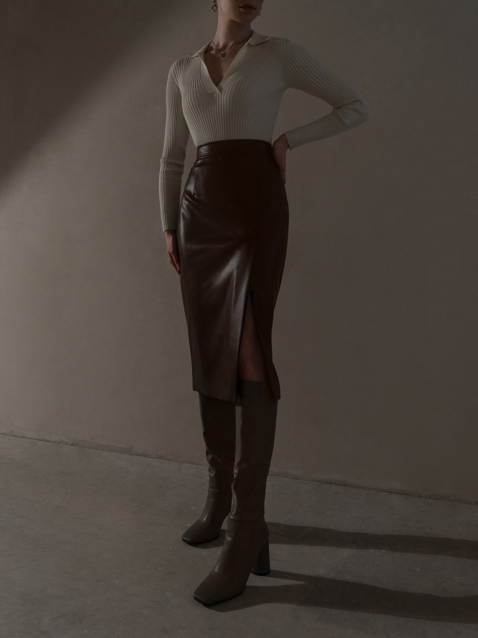 Slit-detail vegan-leather midi skirt