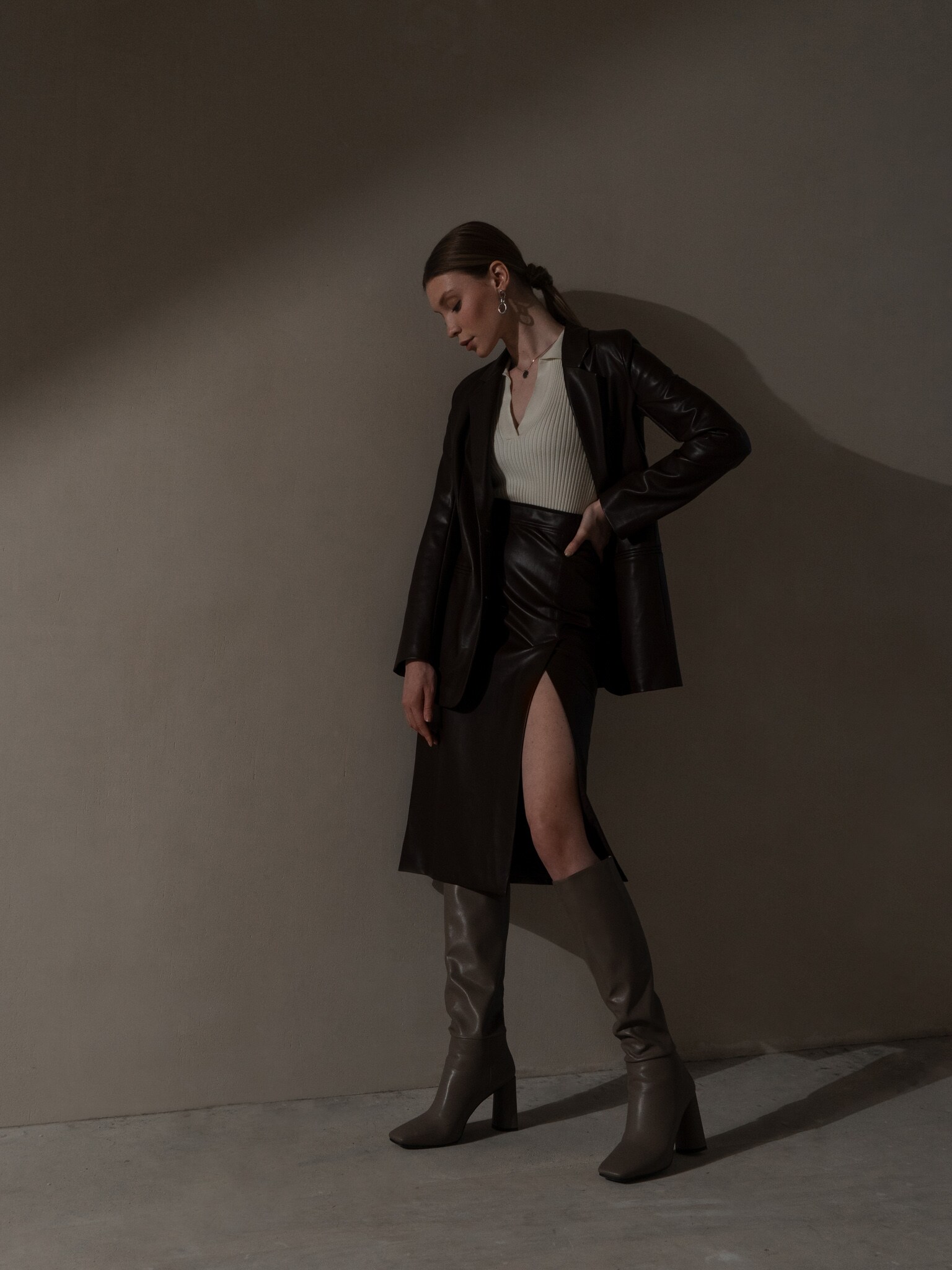 Slit-detail vegan-leather midi skirt