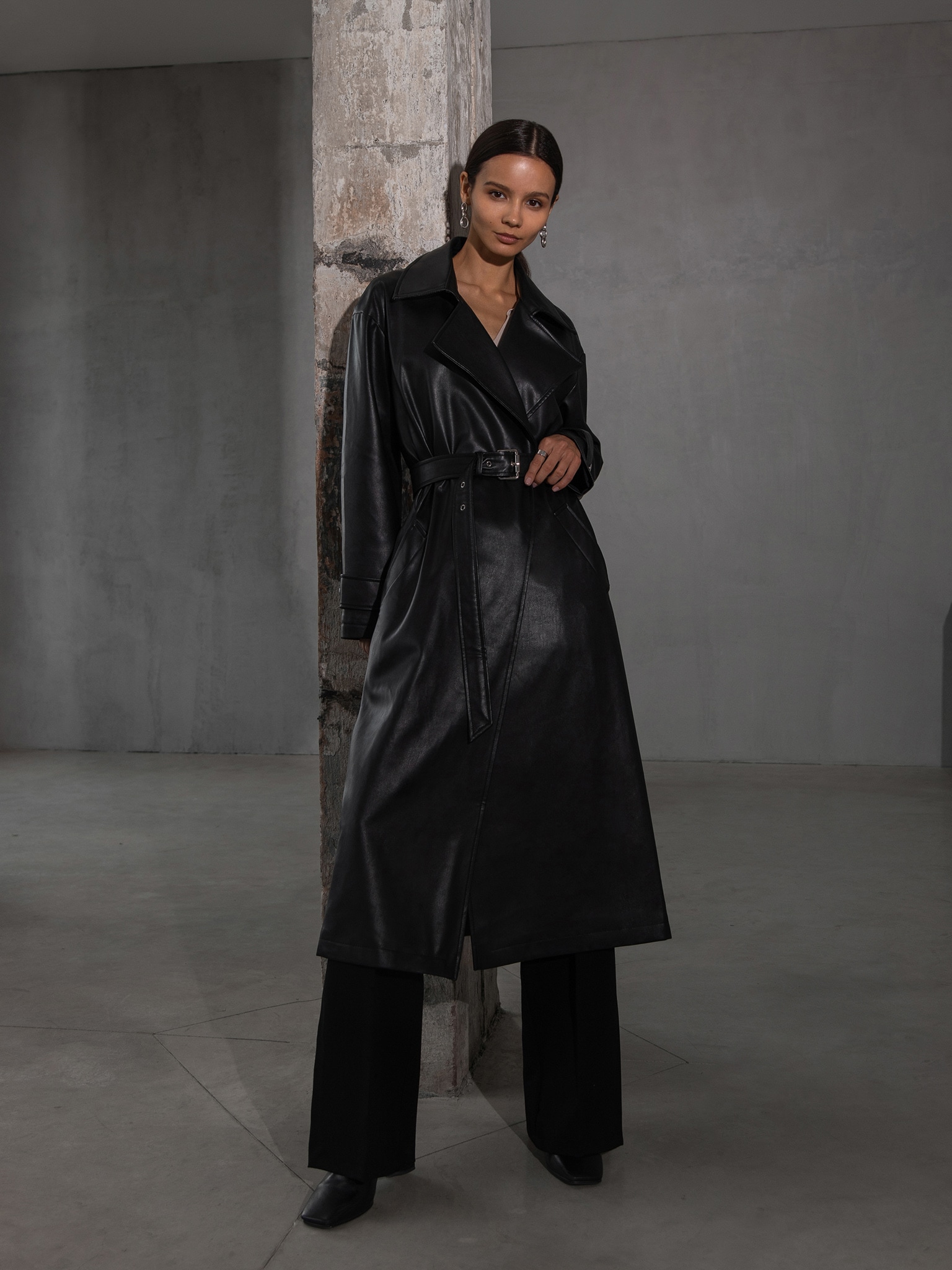 Oversized vegan-leather trench coat