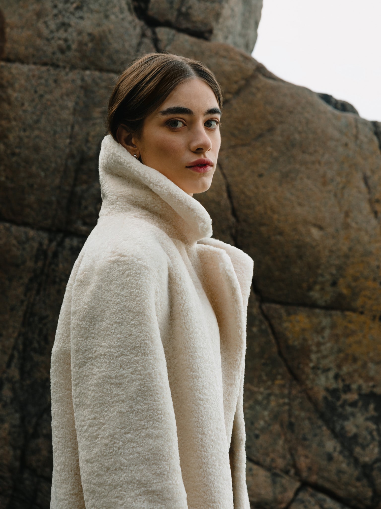 Belted straight faux-fur coat