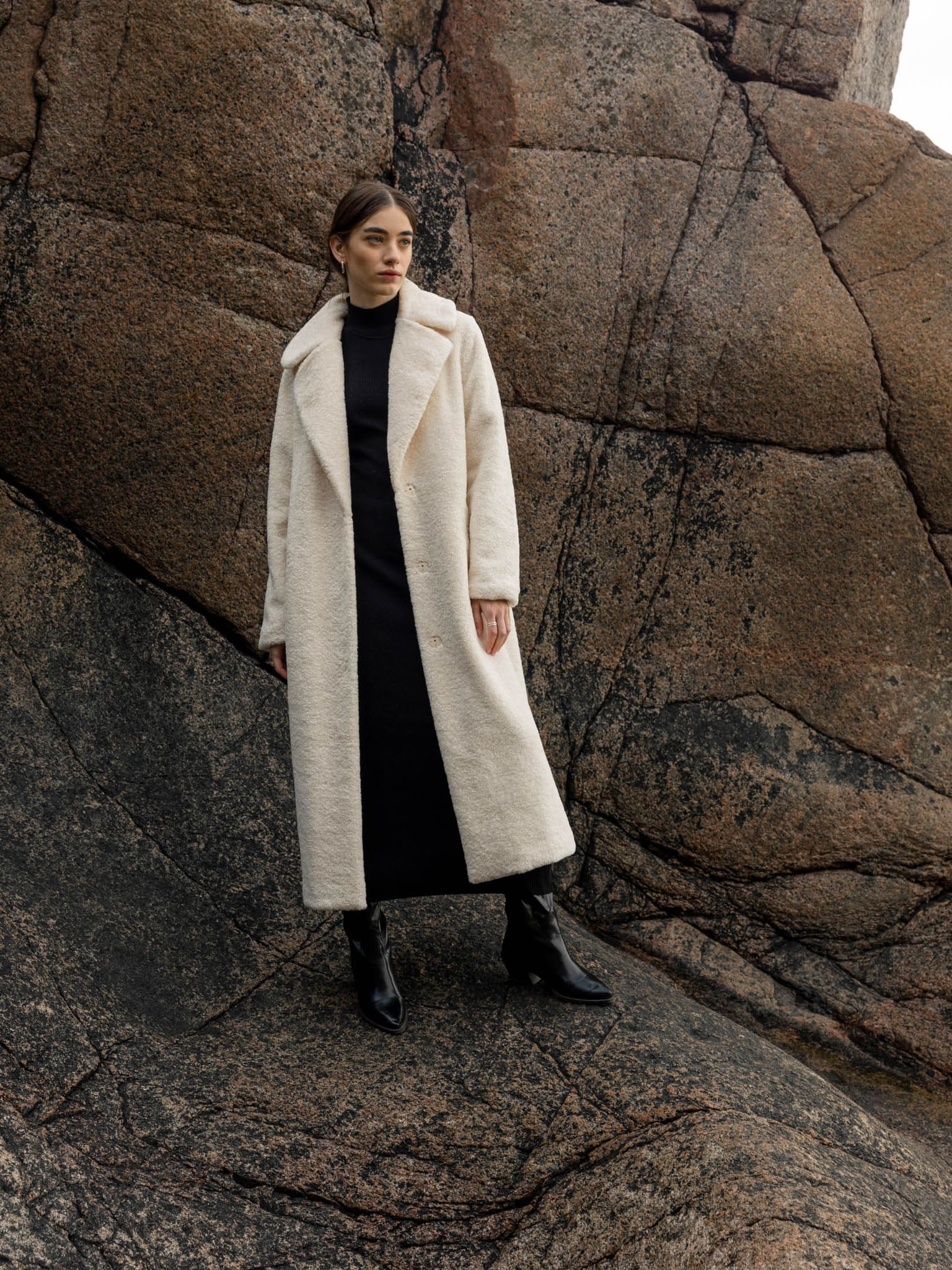 Belted straight faux-fur coat