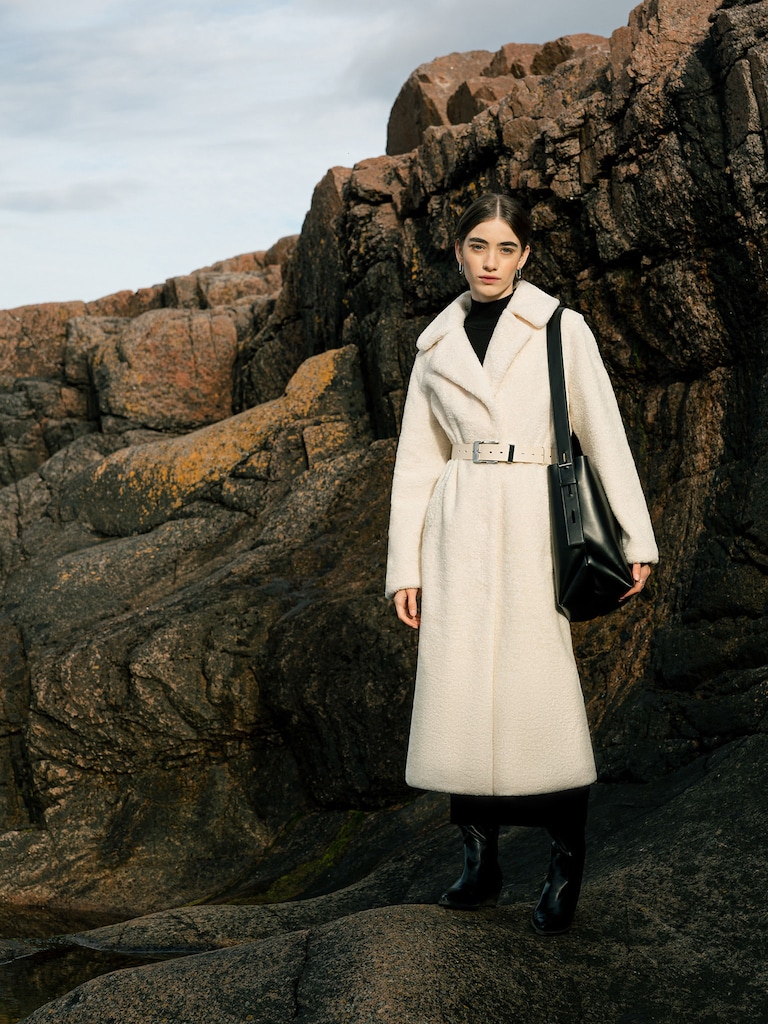 Belted straight faux-fur coat