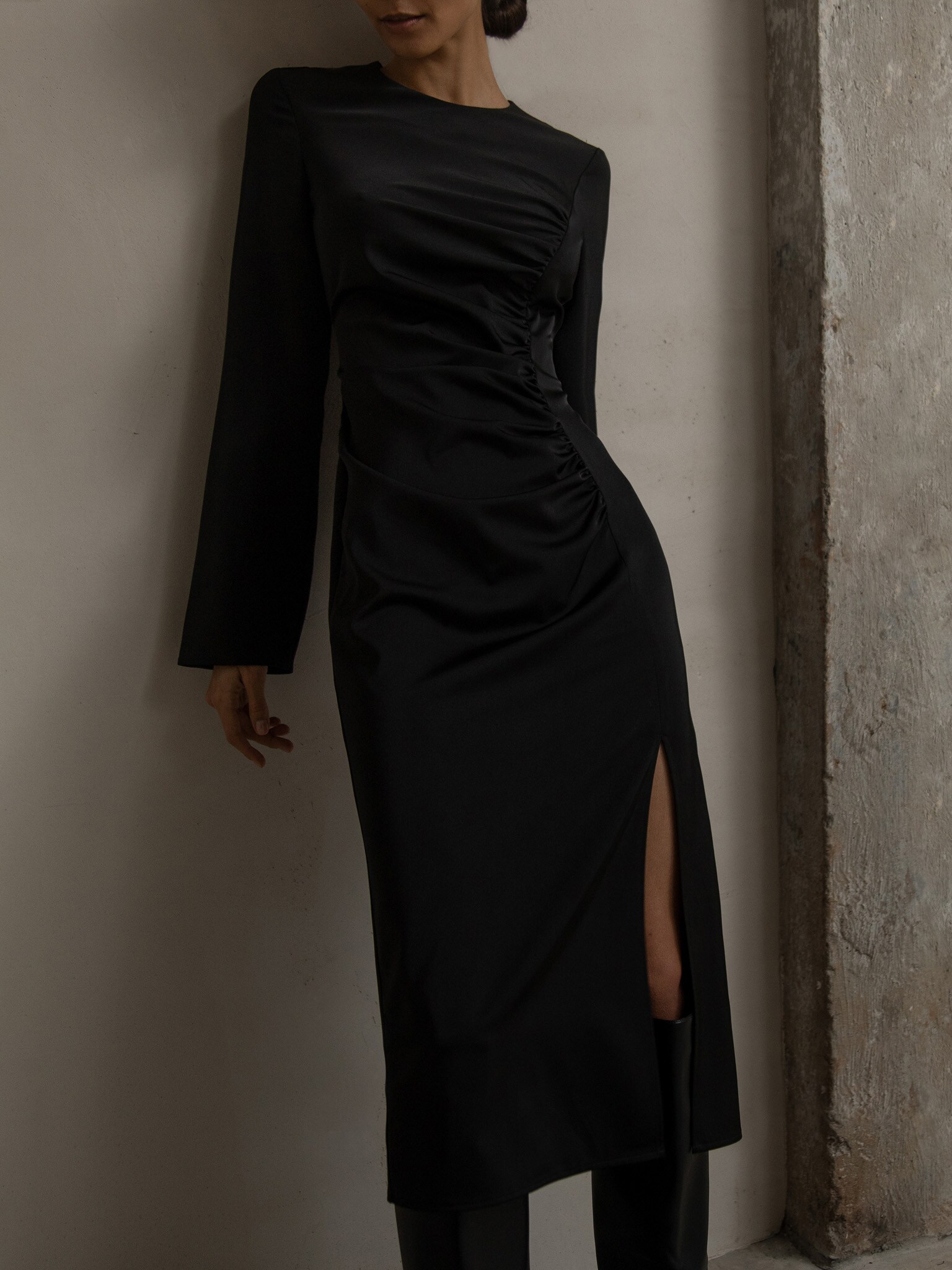Asymmetric gathered midi dress :: LICHI - Online fashion store