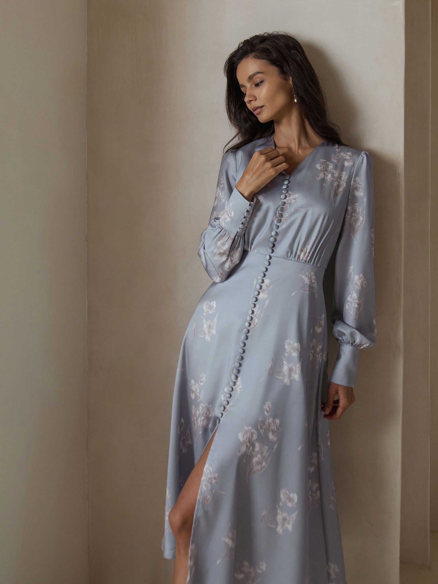 Button-embellished satin midi dress :: LICHI - Online fashion store