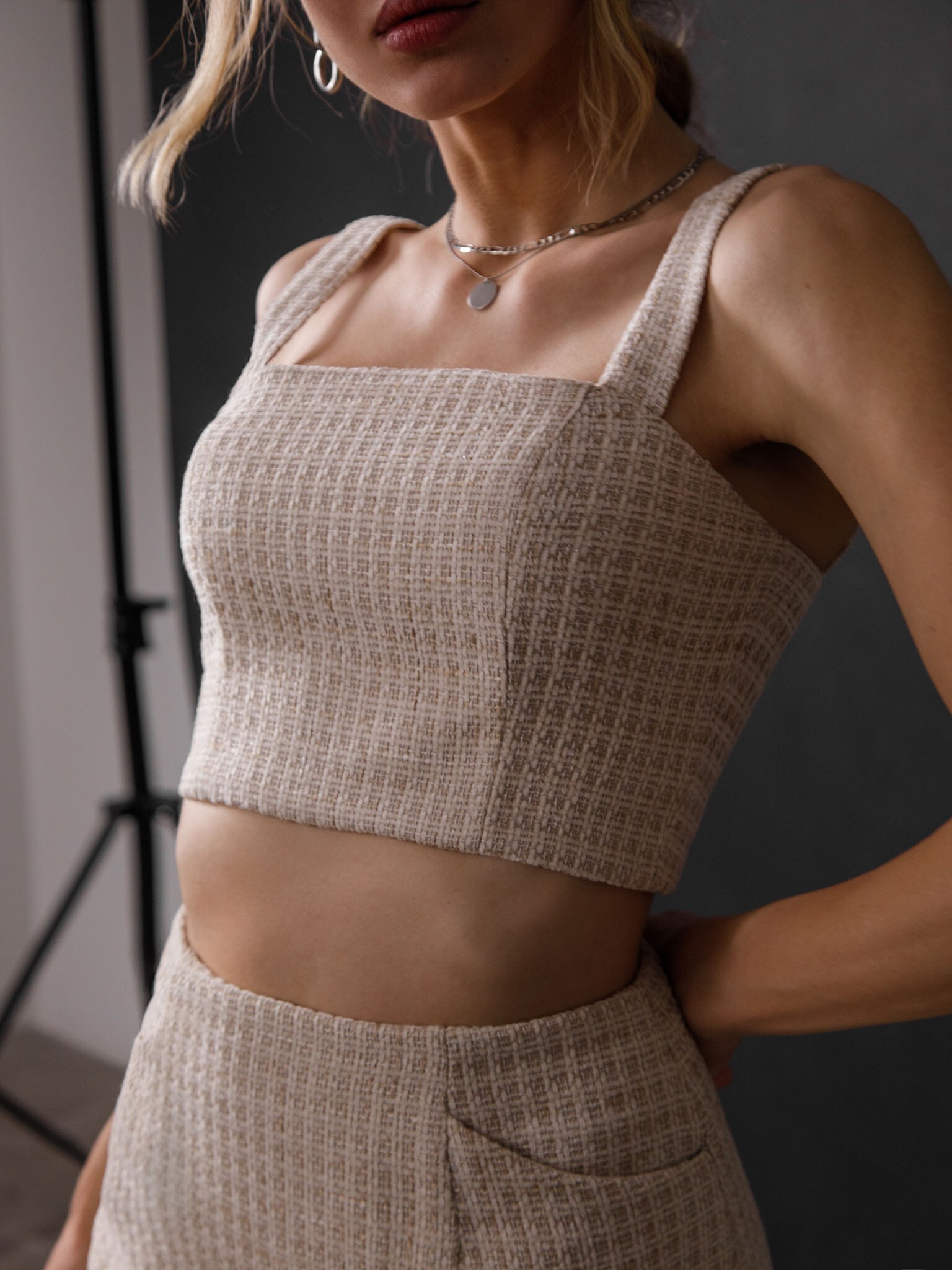 Wide-strap tweed top :: LICHI - Online fashion store