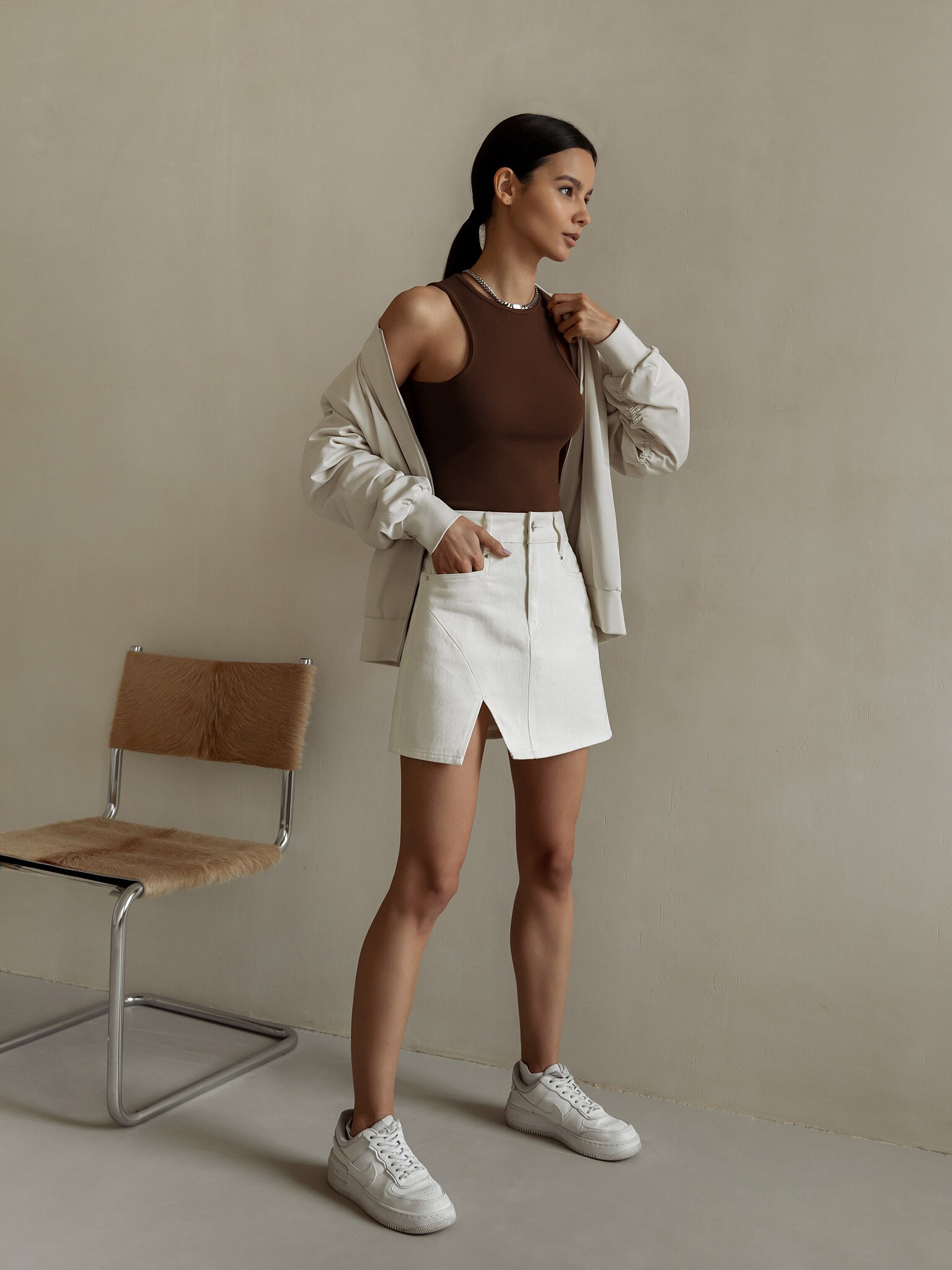 Front-slit denim mini skirt