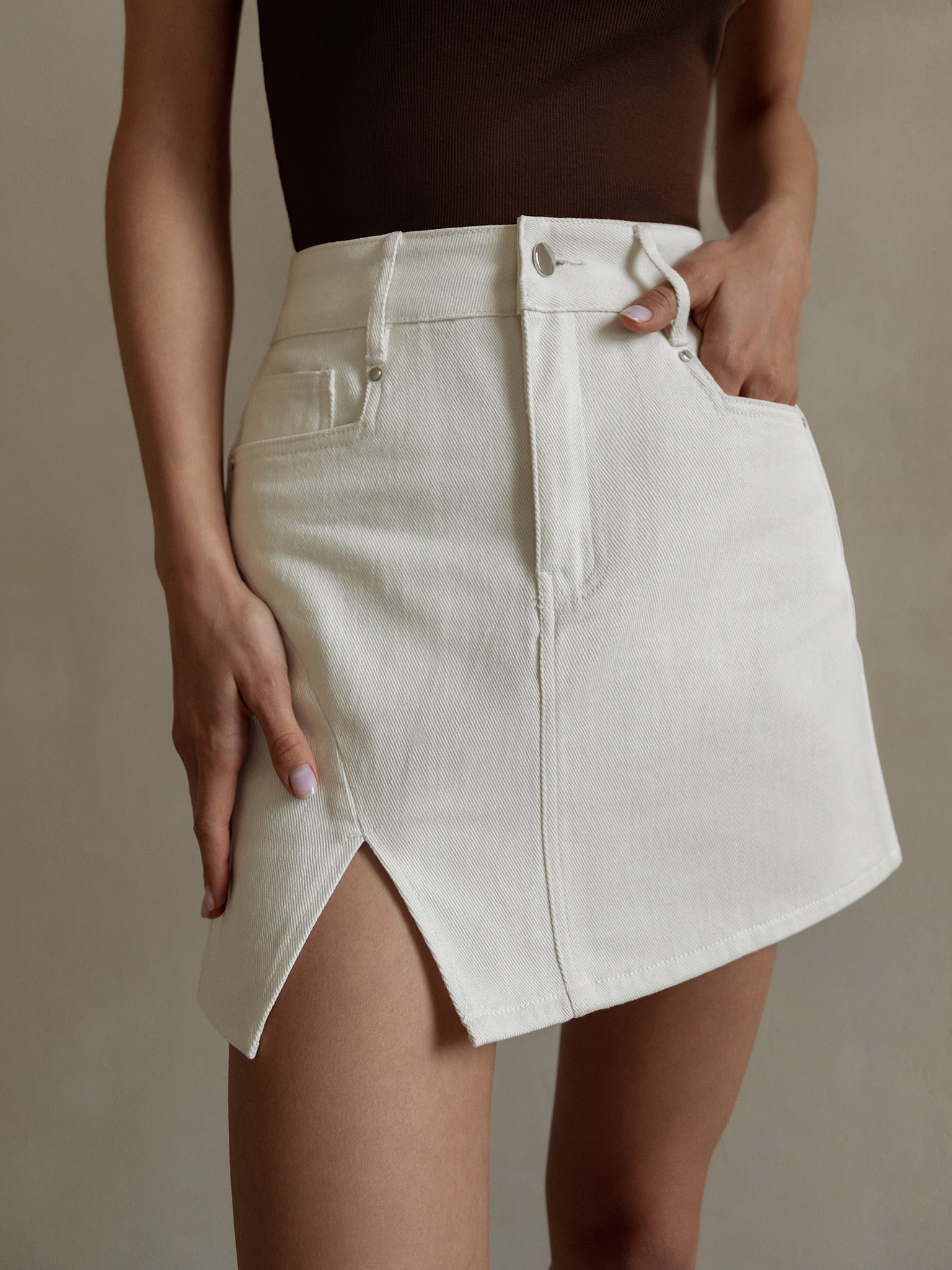 Front-slit denim mini skirt