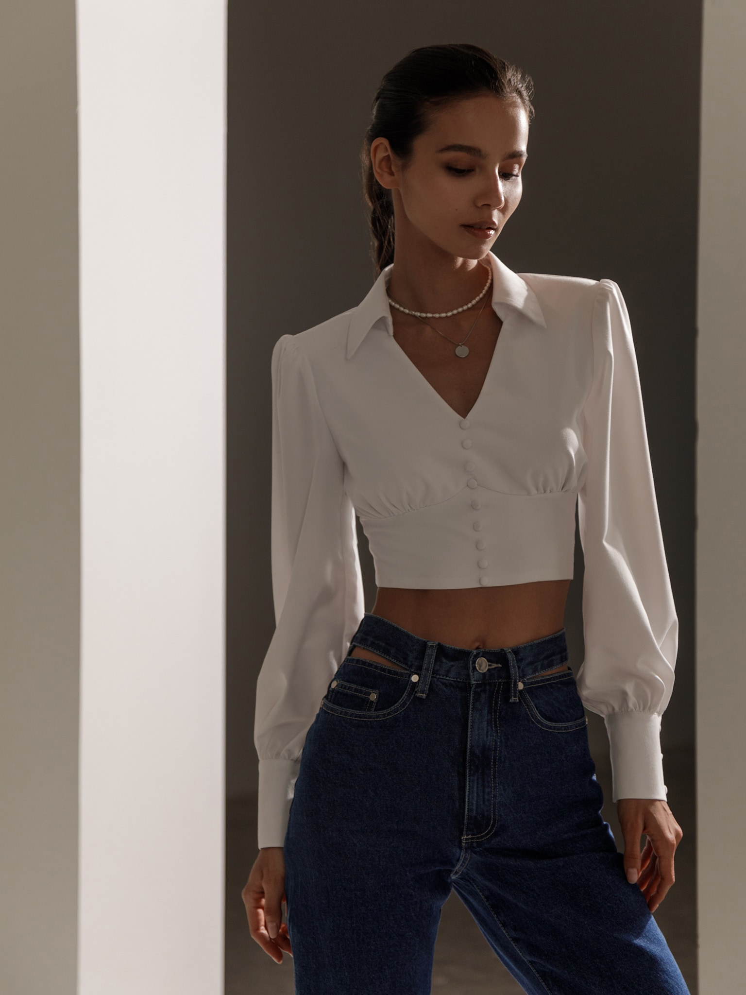 Cropped button-embellished blouse