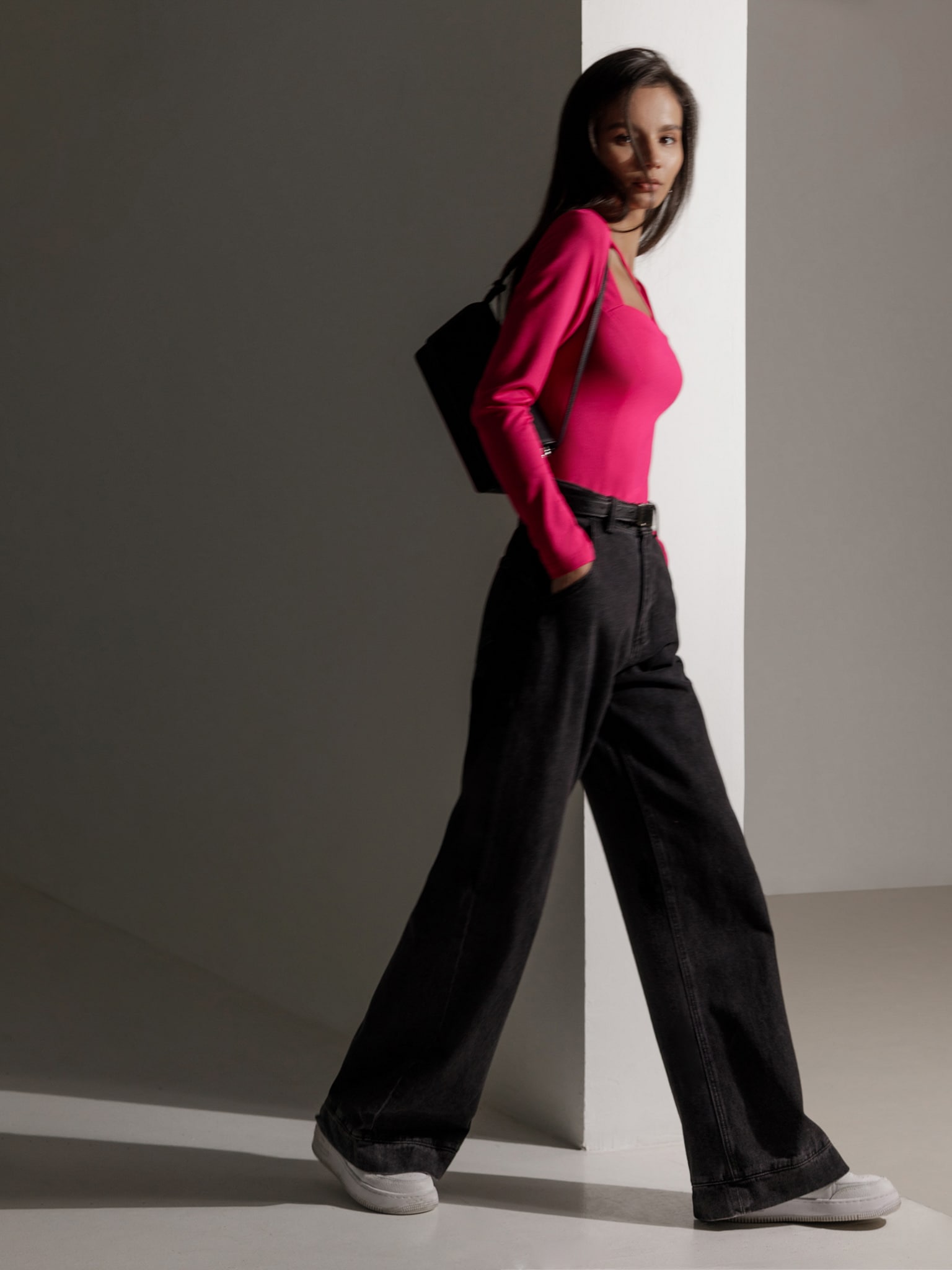 Slim long-sleeve top with asymmetric strap :: LICHI - Online fashion store