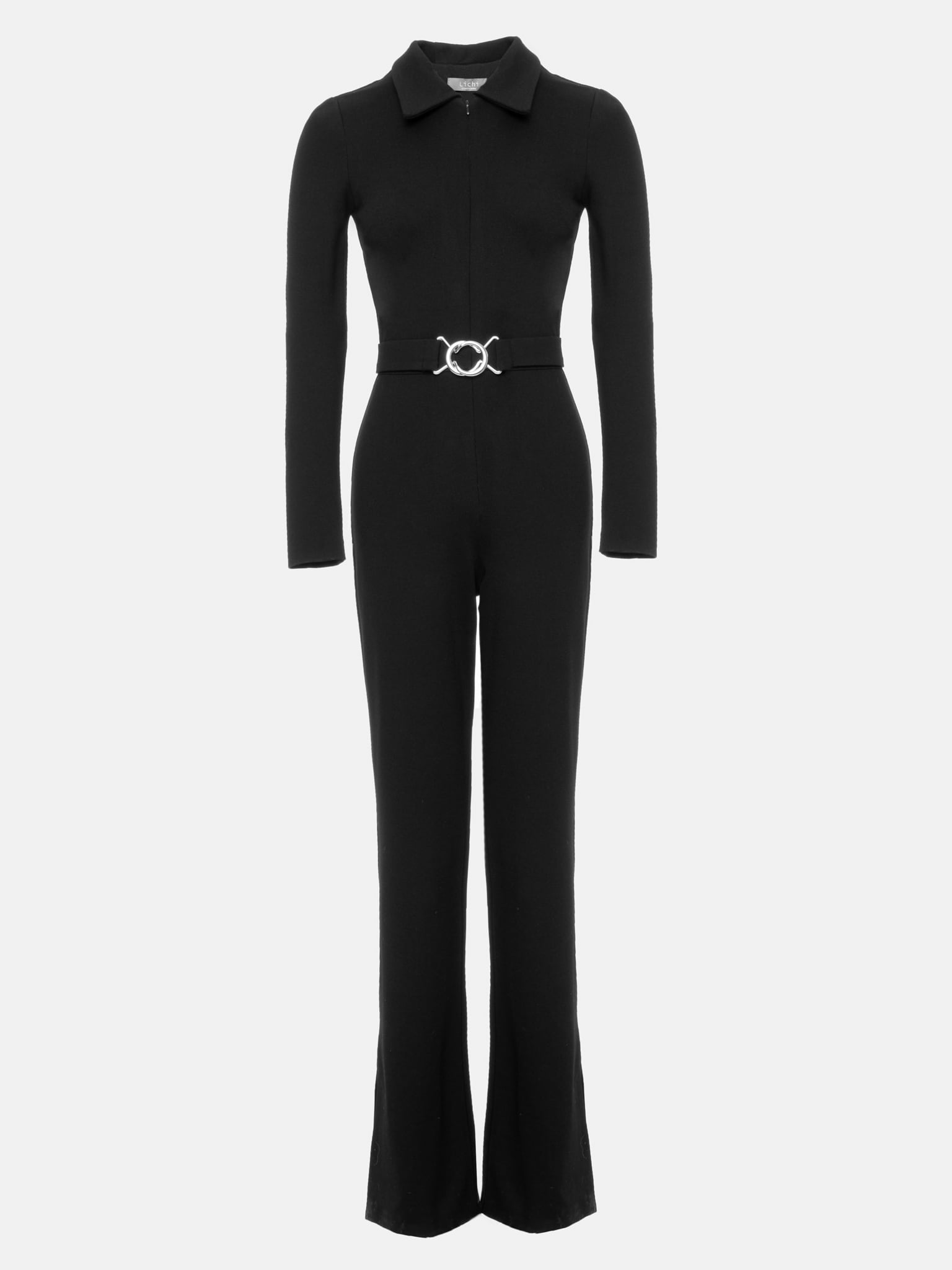 Polo-collar long-sleeve jersey jumpsuit