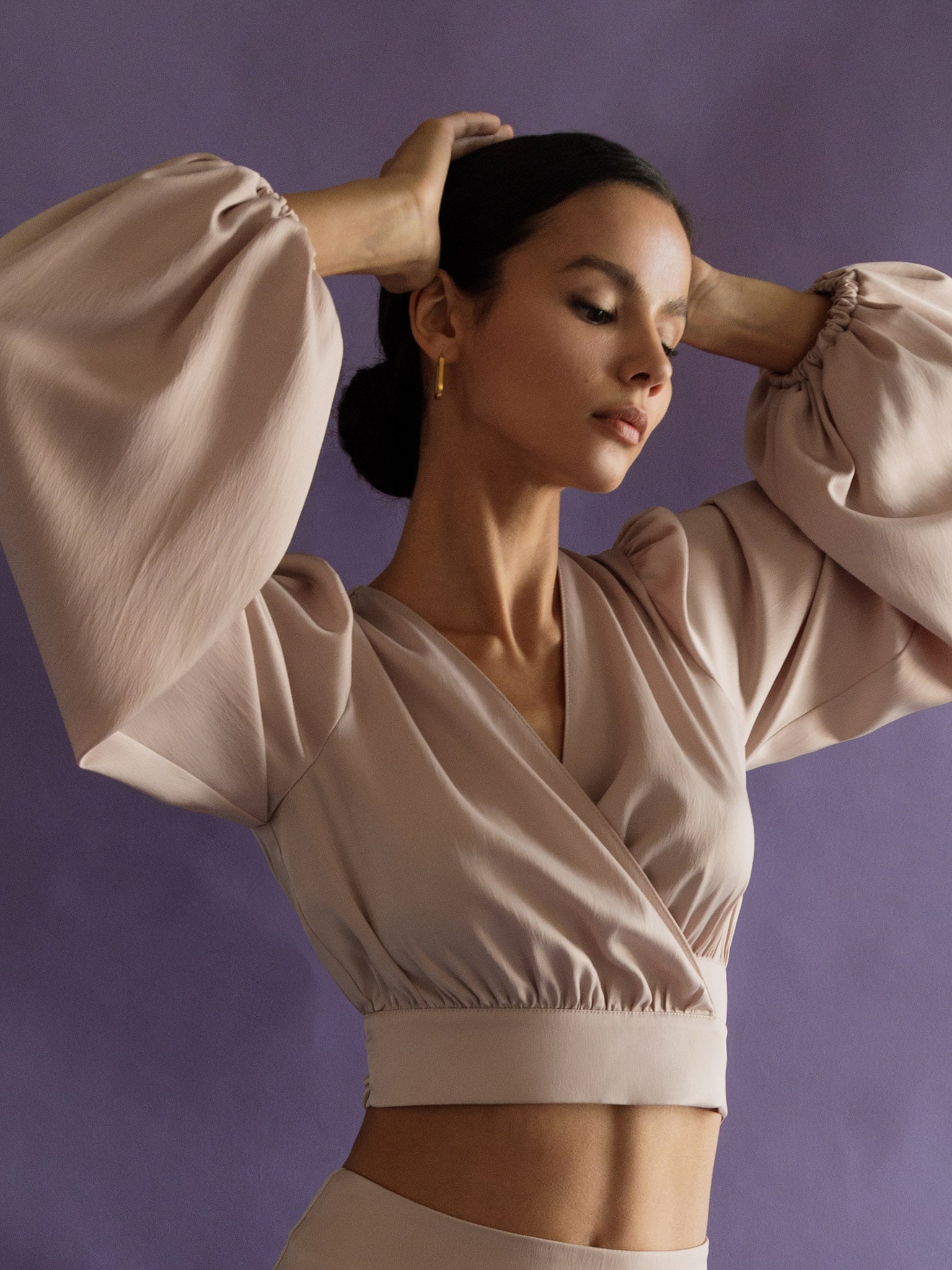 Puff-sleeve satin wrap crop top :: LICHI - Online fashion store