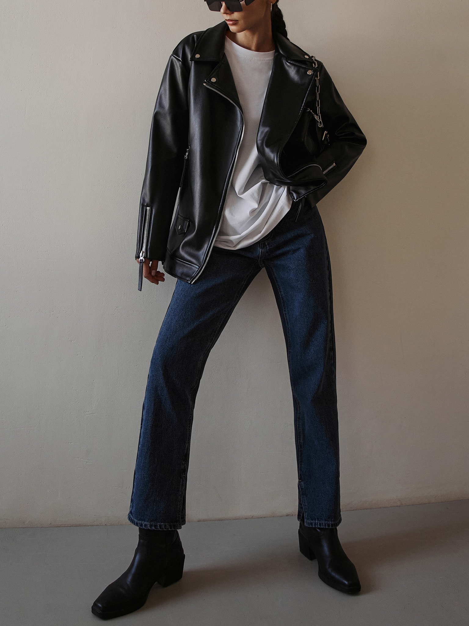 Oversized vegan-leather biker jacket