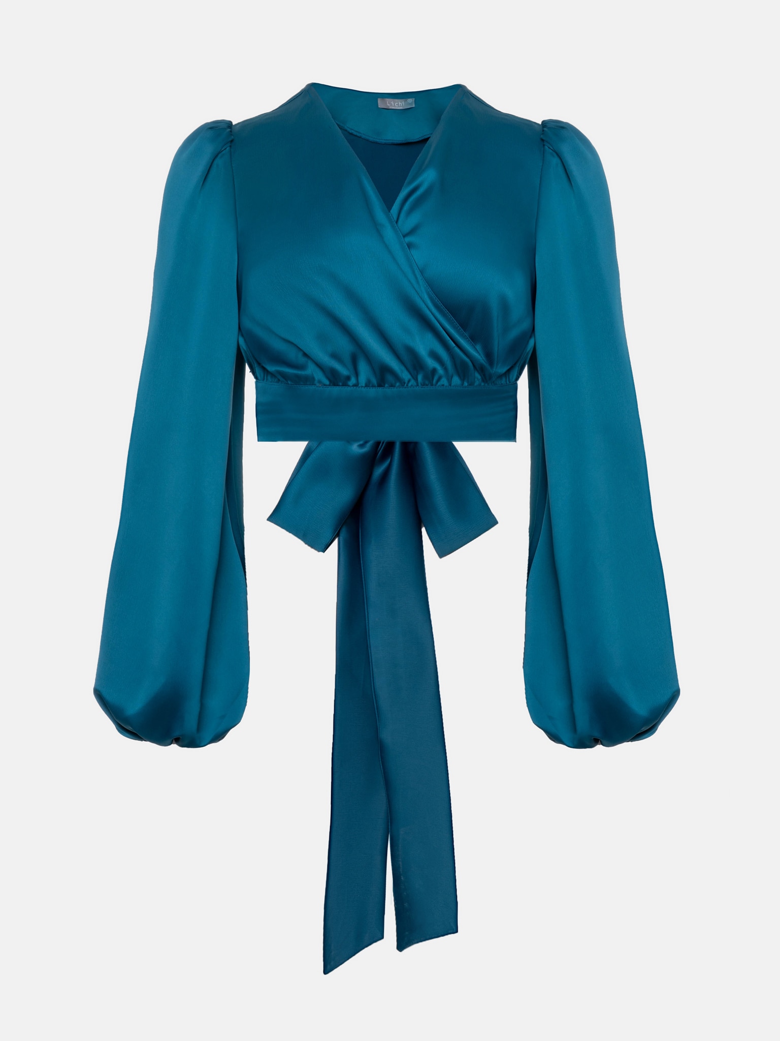 LICHI - Online fashion store :: Puff-sleeve satin wrap crop top