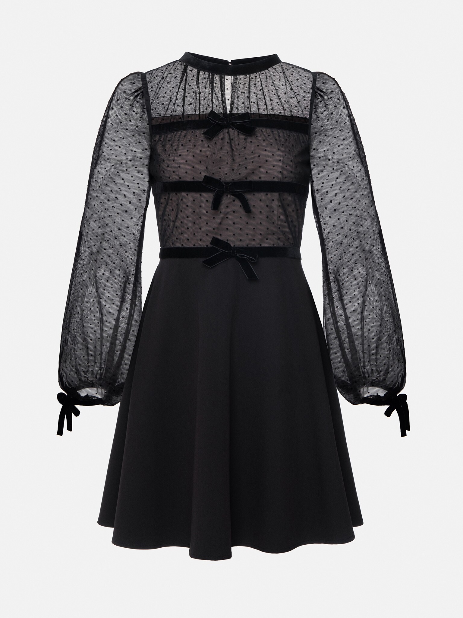 Sheer-sleeve bow-embellished mini dress