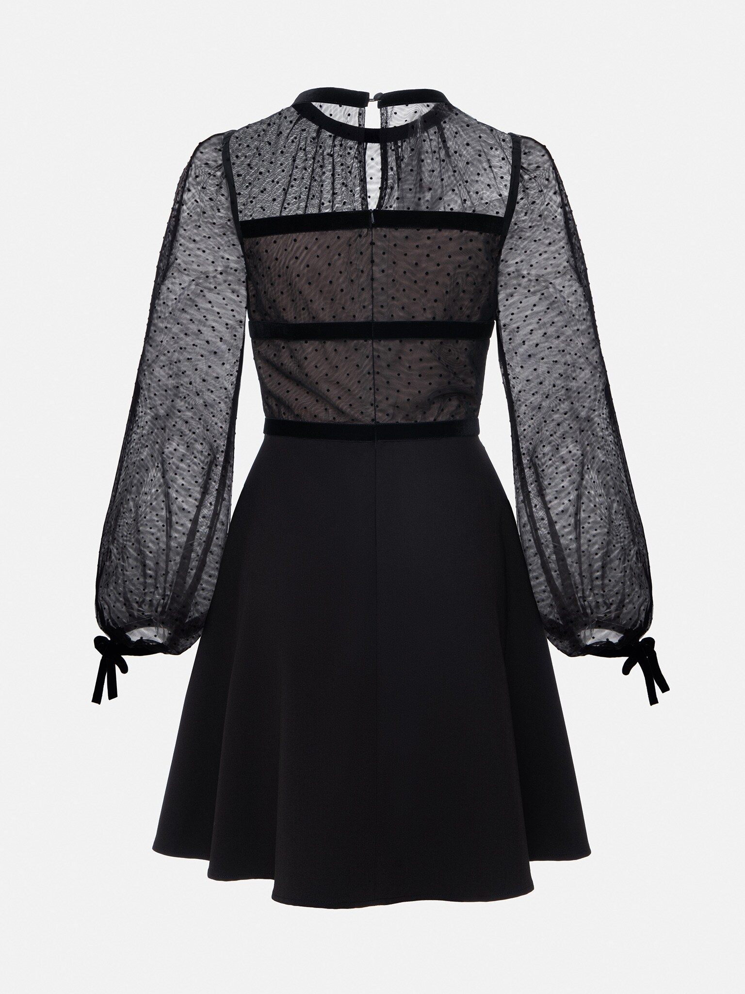 Sheer-sleeve bow-embellished mini dress