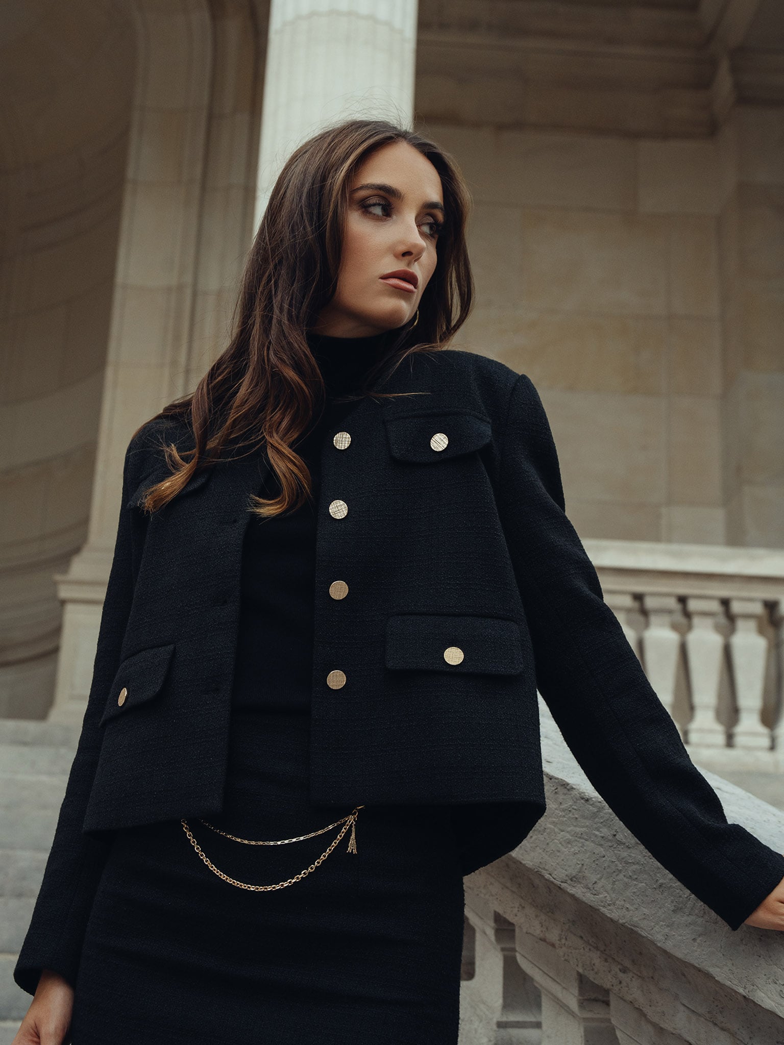Straight-line gold-button tweed jacket :: LICHI - Online fashion store