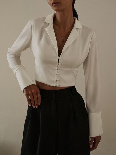 Collared cropped satin blouse :: LICHI - Online fashion store