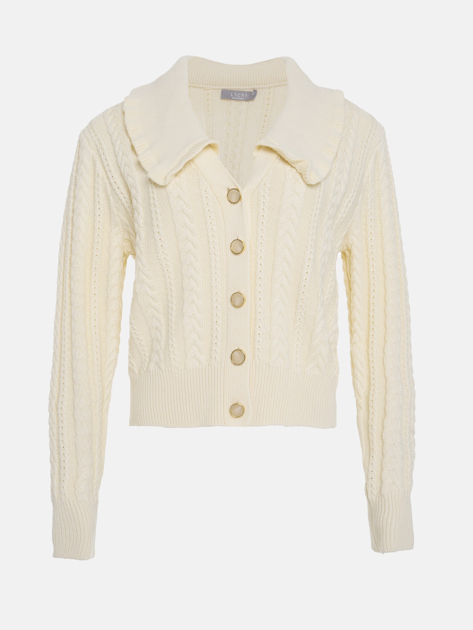 Ruffle-collar cable-knit cardigan :: LICHI - Online fashion store