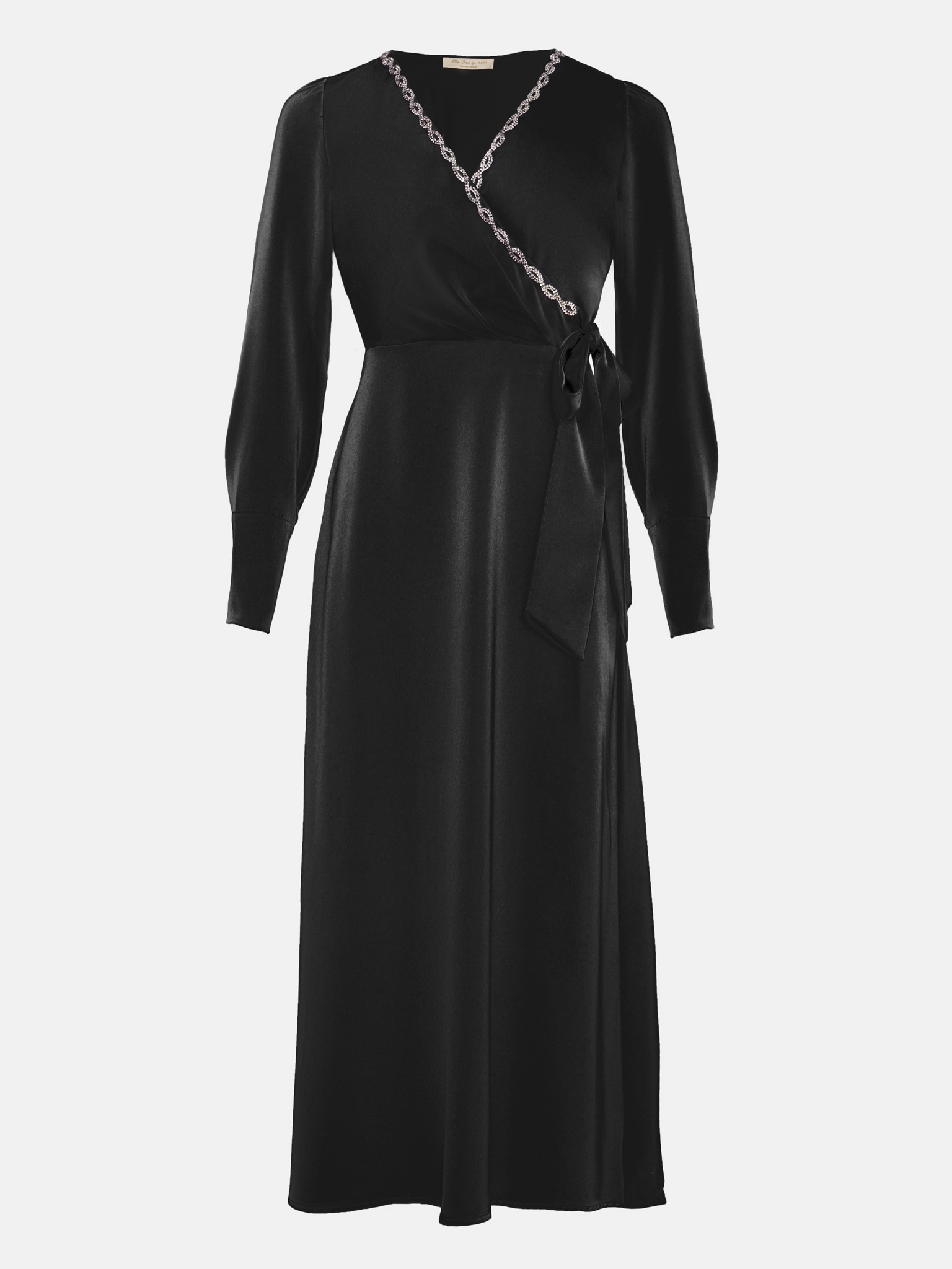 Rhinestone-neckline wrap midi dress :: LICHI - Online fashion store