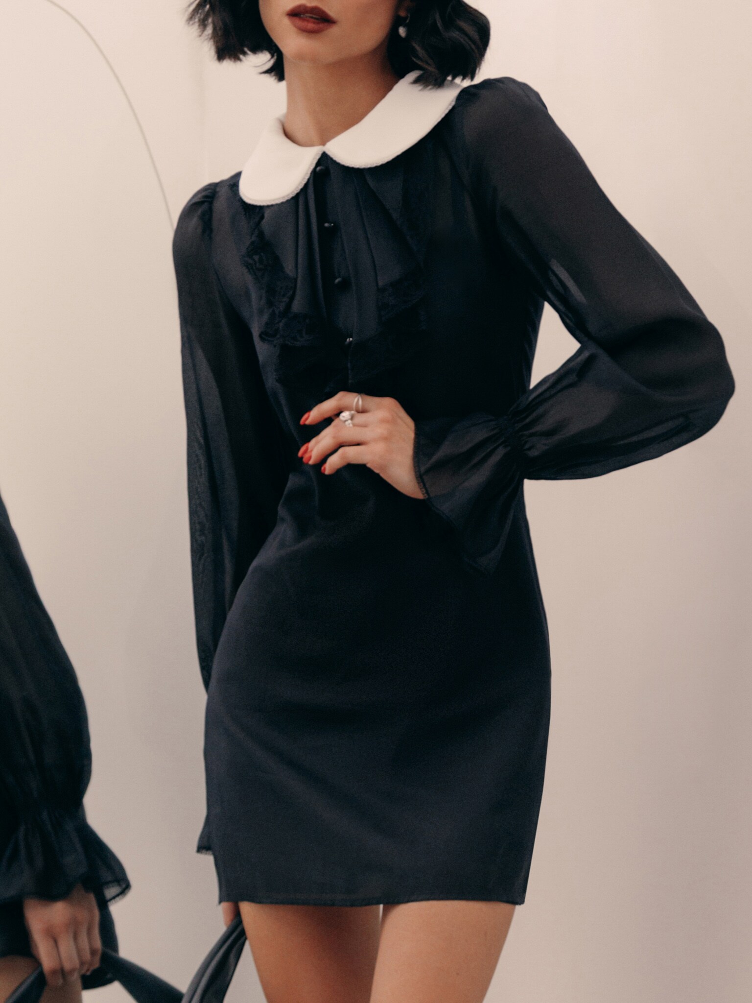 Sheer-sleeve contrast-collar midi dress