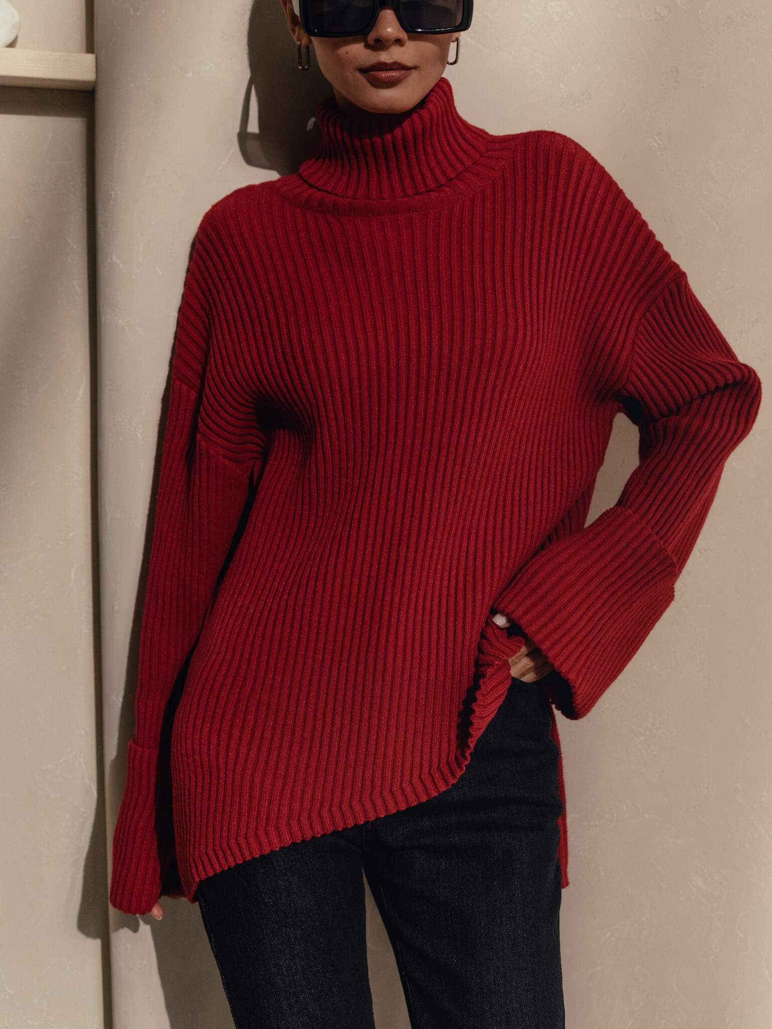Asymmetric ribbed-knit sweater :: LICHI - Online fashion store