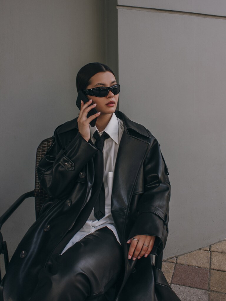 Black Oversized Double-breasted Leather Trench Coat