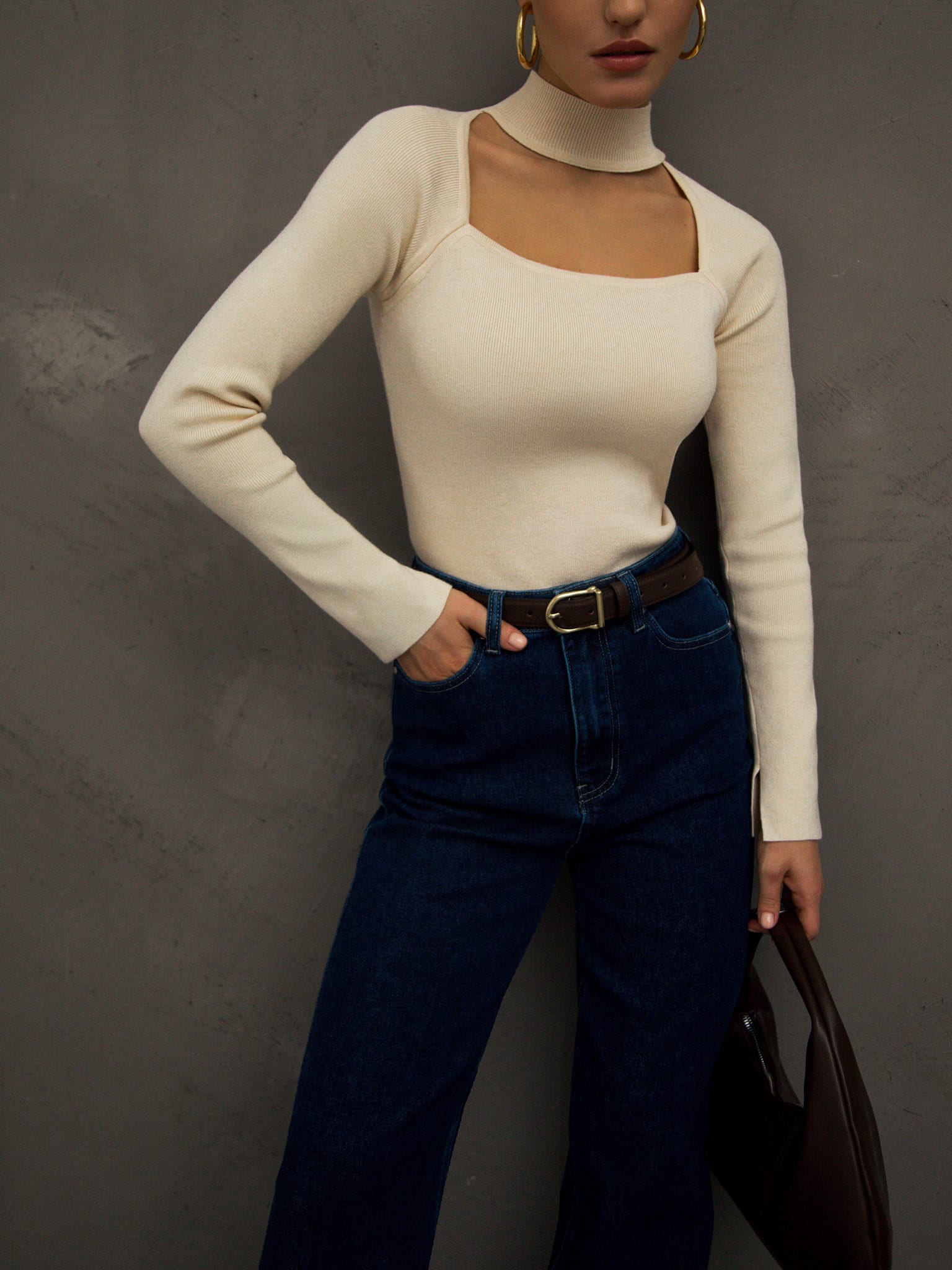 Cutout-front jersey mock-neck sweater
