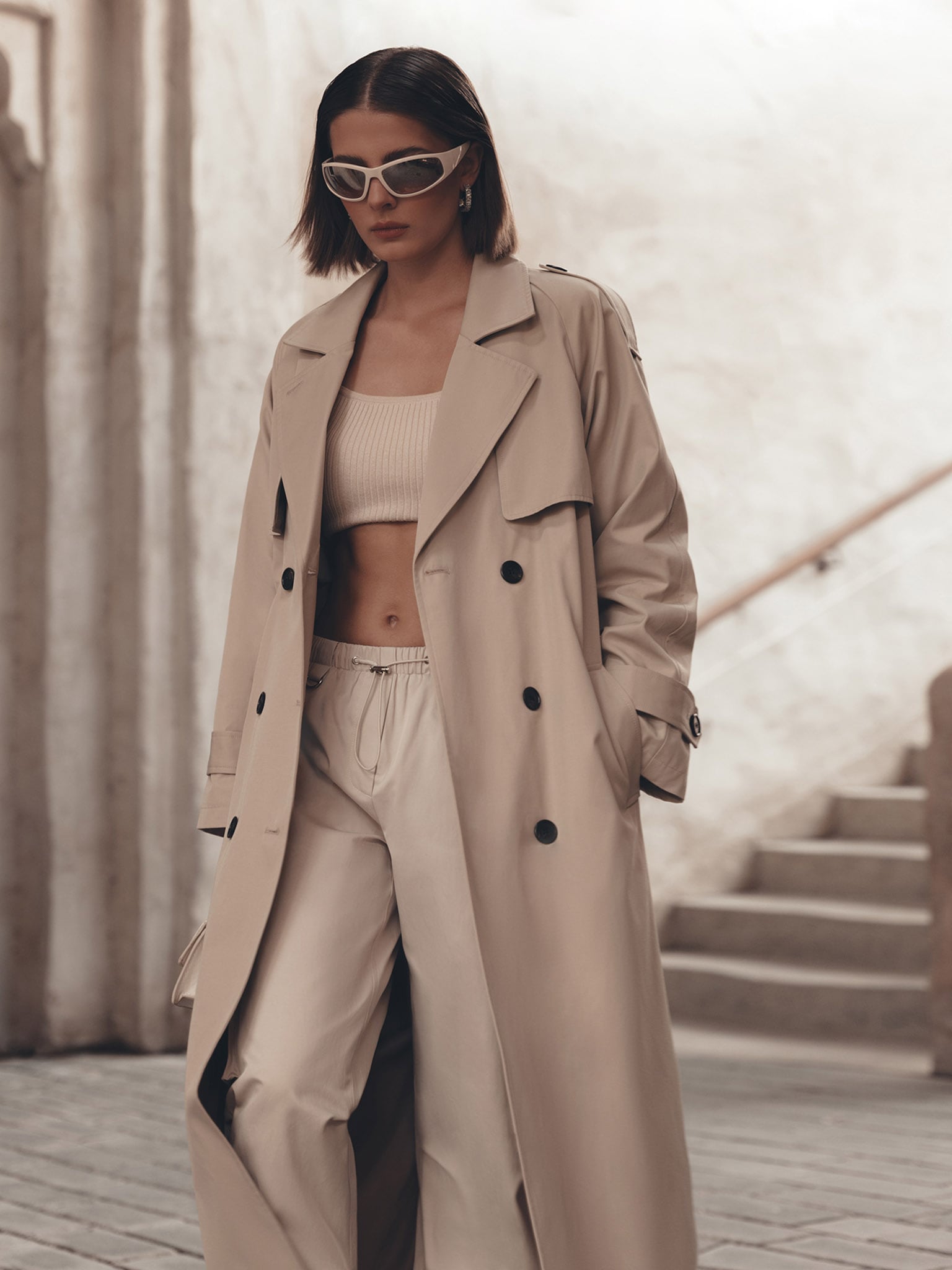 Double-breasted maxi trench coat