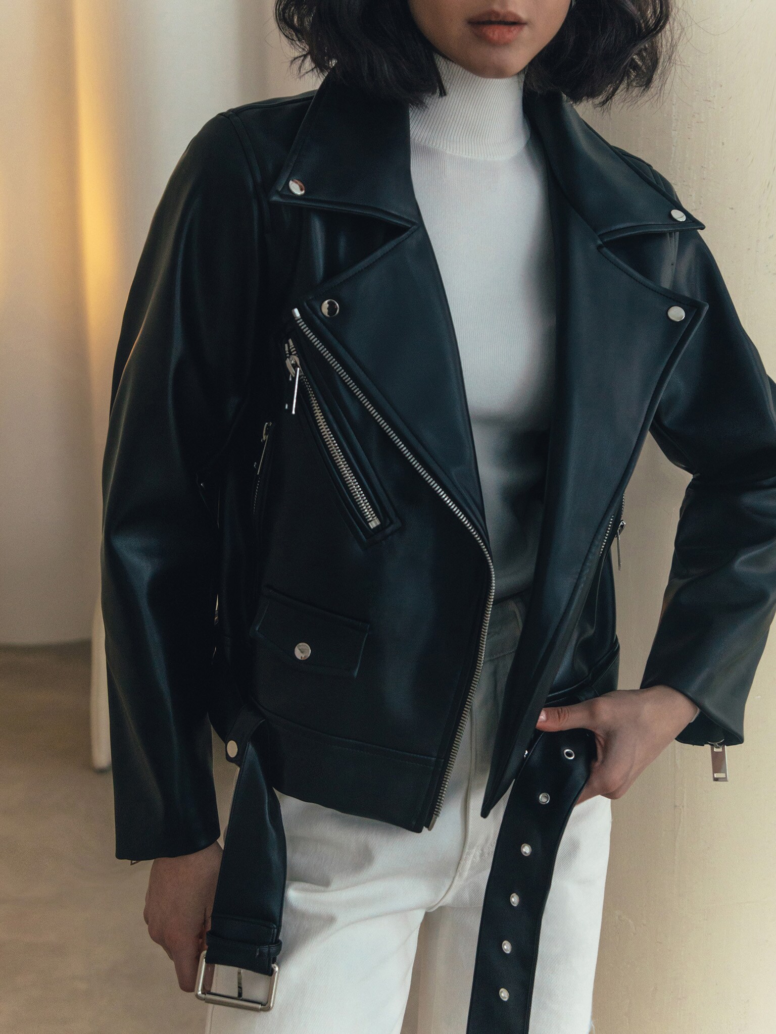 Oversized eco-leather jacket with a wide belt :: LICHI - Online fashion ...